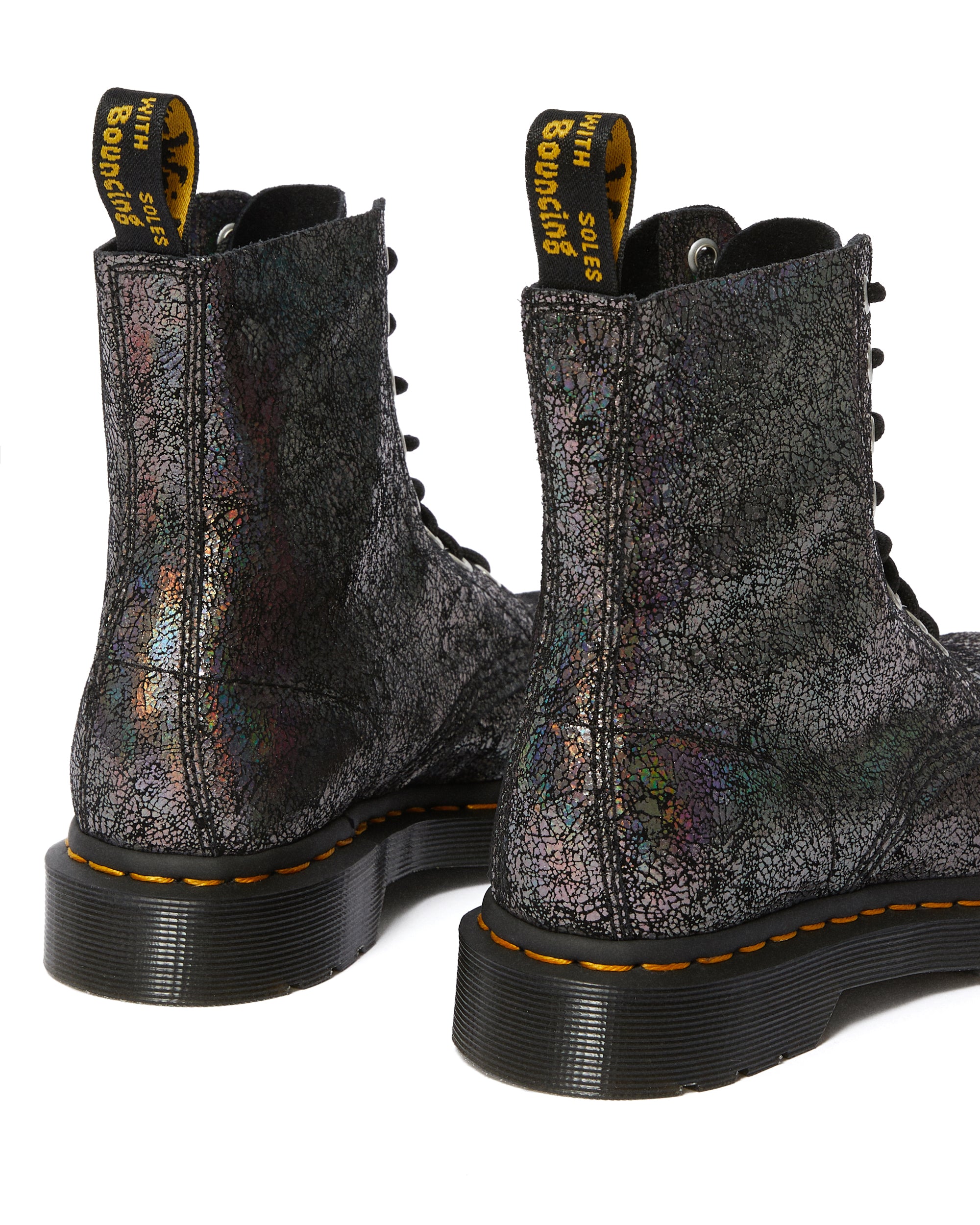 Dr. Martens 1460 Pascal Gunmetal Iridescent Crackle Boots - Women's Fashion Combat Boots for Punk, Gothic & Streetwear Styles