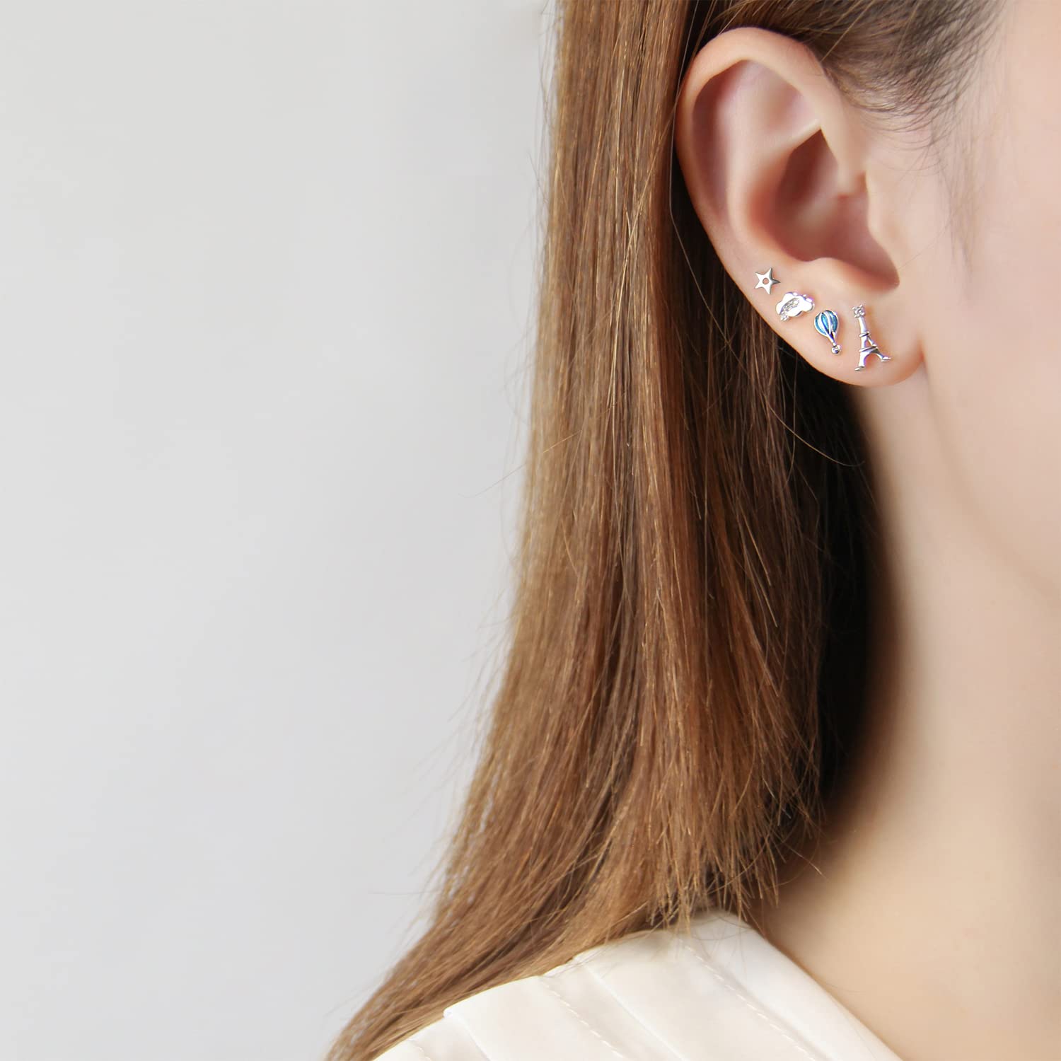 925 Sterling Silver/Rose Gold/Gold Eiffel Tower Hot Air Balloon Cloud Star Airplane Stud Earrings Set - Dainty Jewelry for Multiple Piercings | Perfect for Travel Lovers, Gift Giving & Everyday Wear