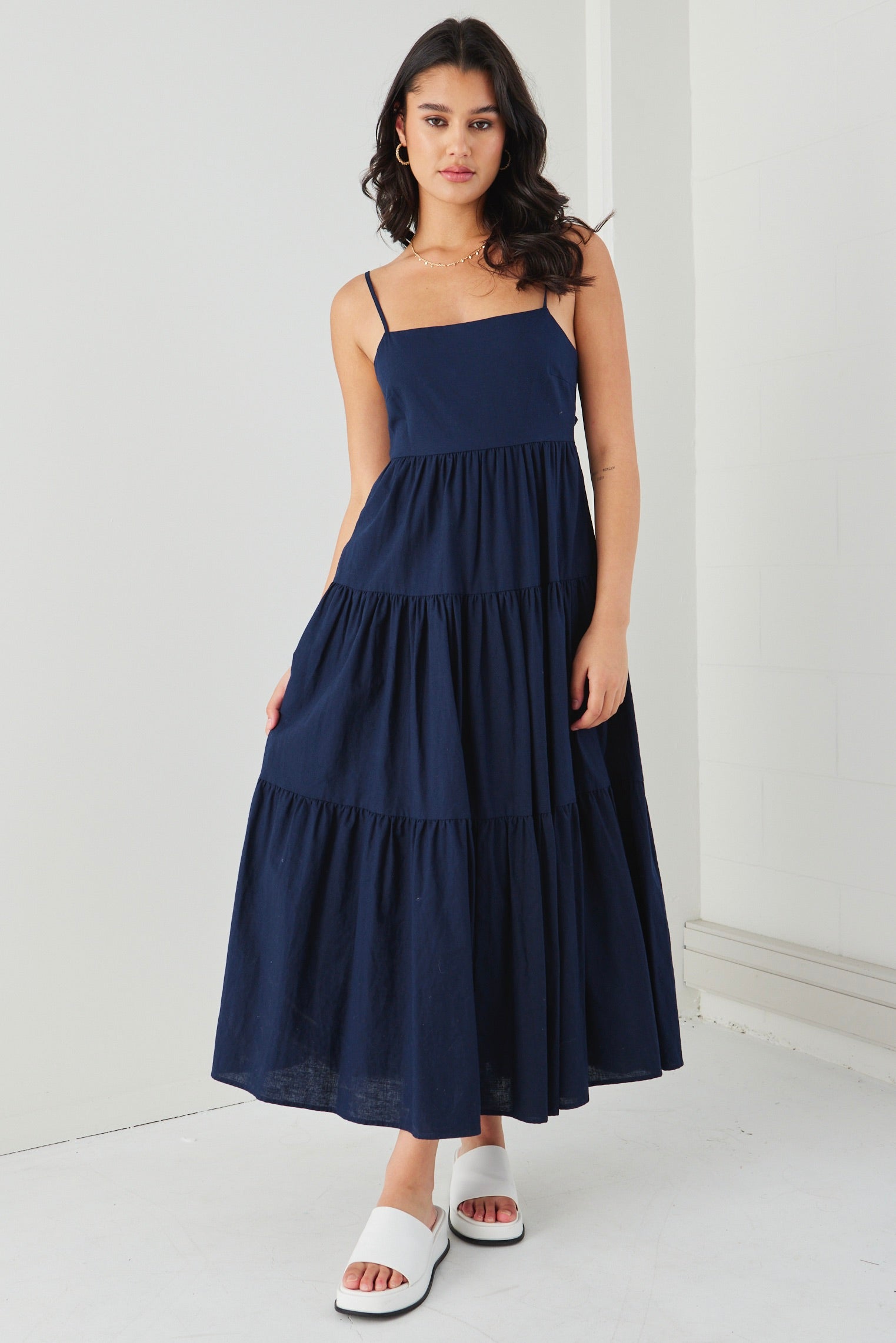 Galaxy Navy Blue Linen Tie-Back Tiered Strappy Maxi Dress for Women | Summer Beach Wedding Party Dress | Perfect for Vacations, Date Nights & Special Occasions