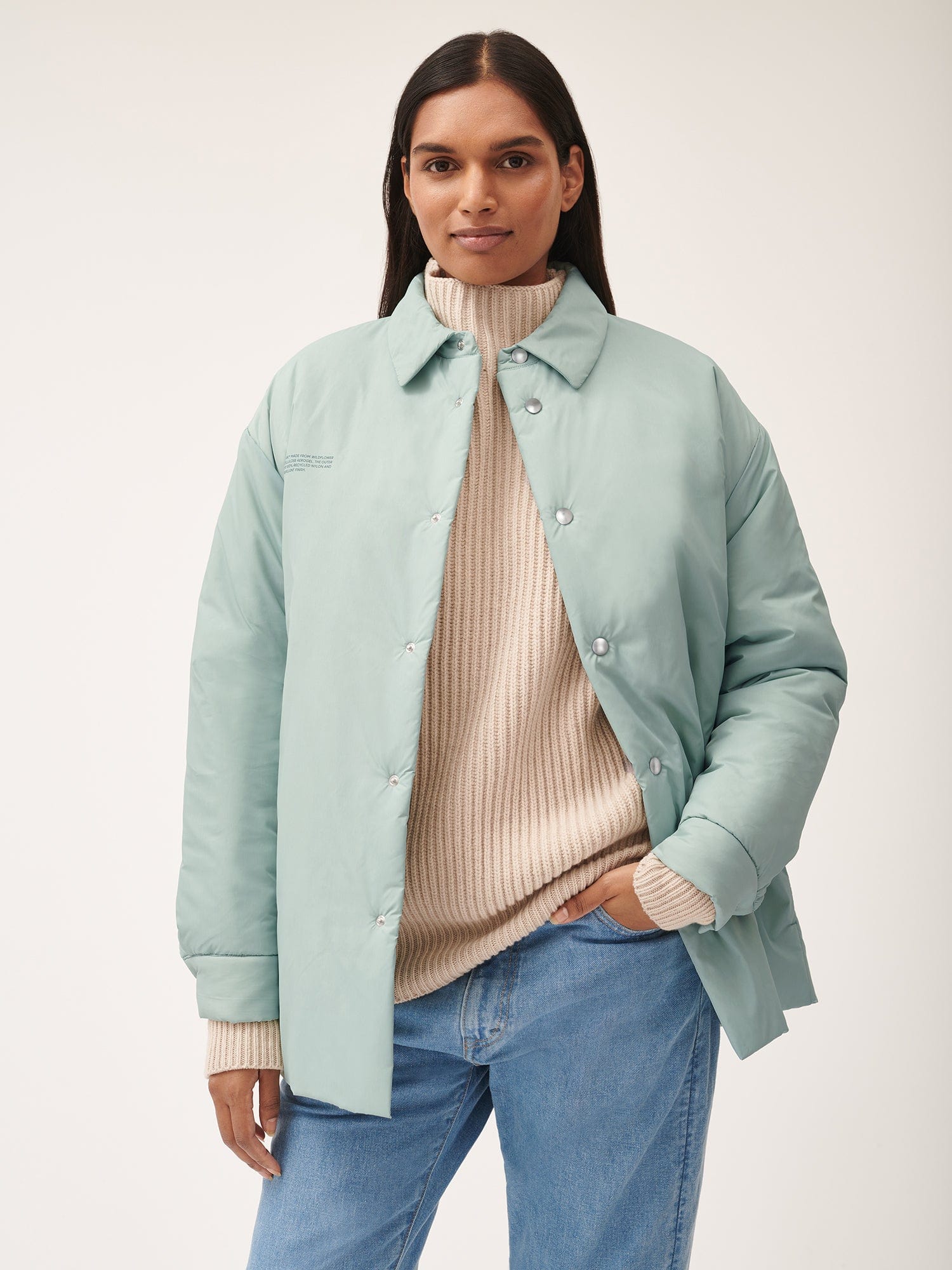 Women's Floral Fleece-Lined Overshirt Jacket - Cozy Winter Layering Top in Eucalyptus Blue for Casual Outfits & Outdoor Activities