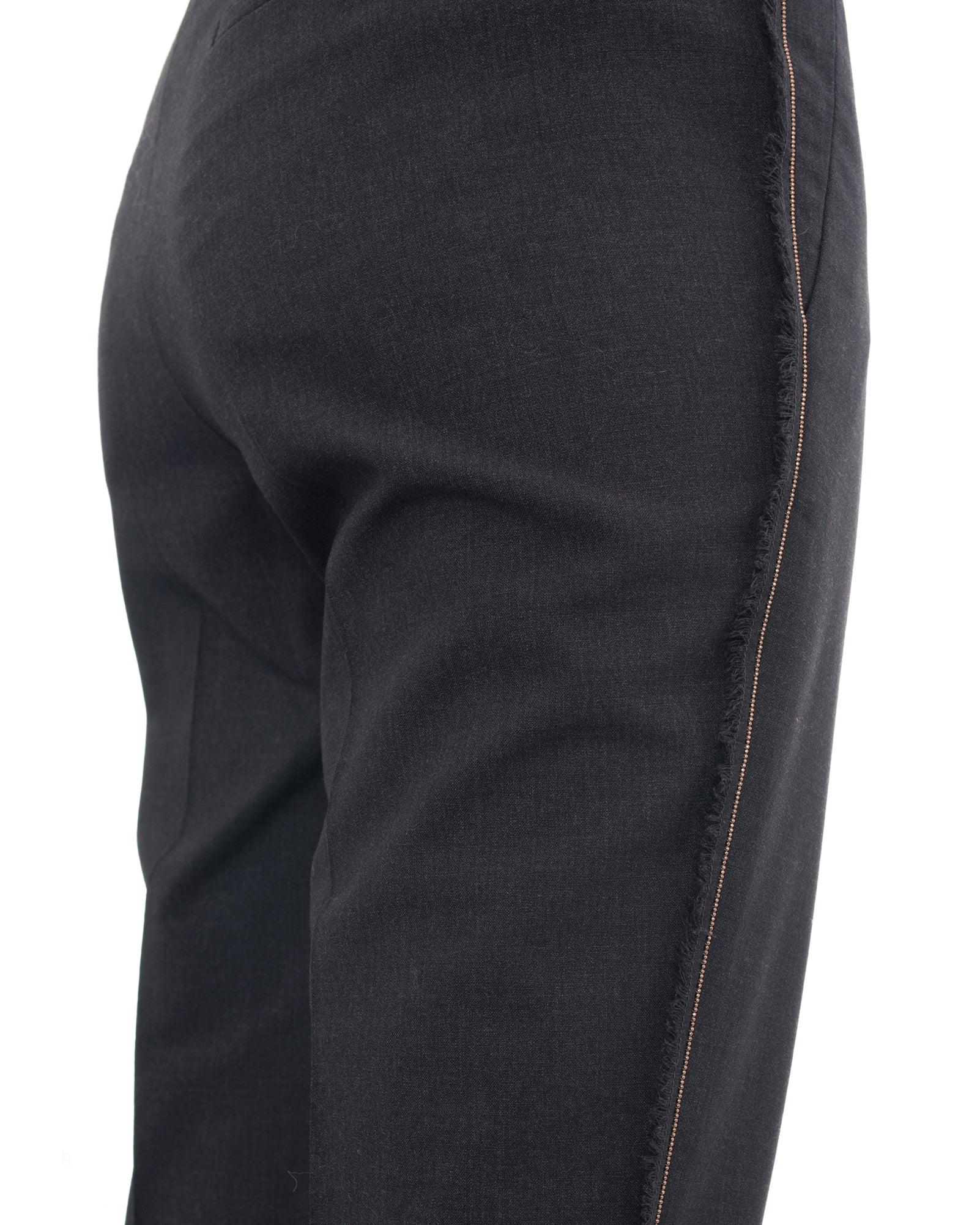 Brunello Cucinelli Charcoal Grey Beaded Fringe Trim Trousers - Elegant Casual Pants for Office & Evening Events