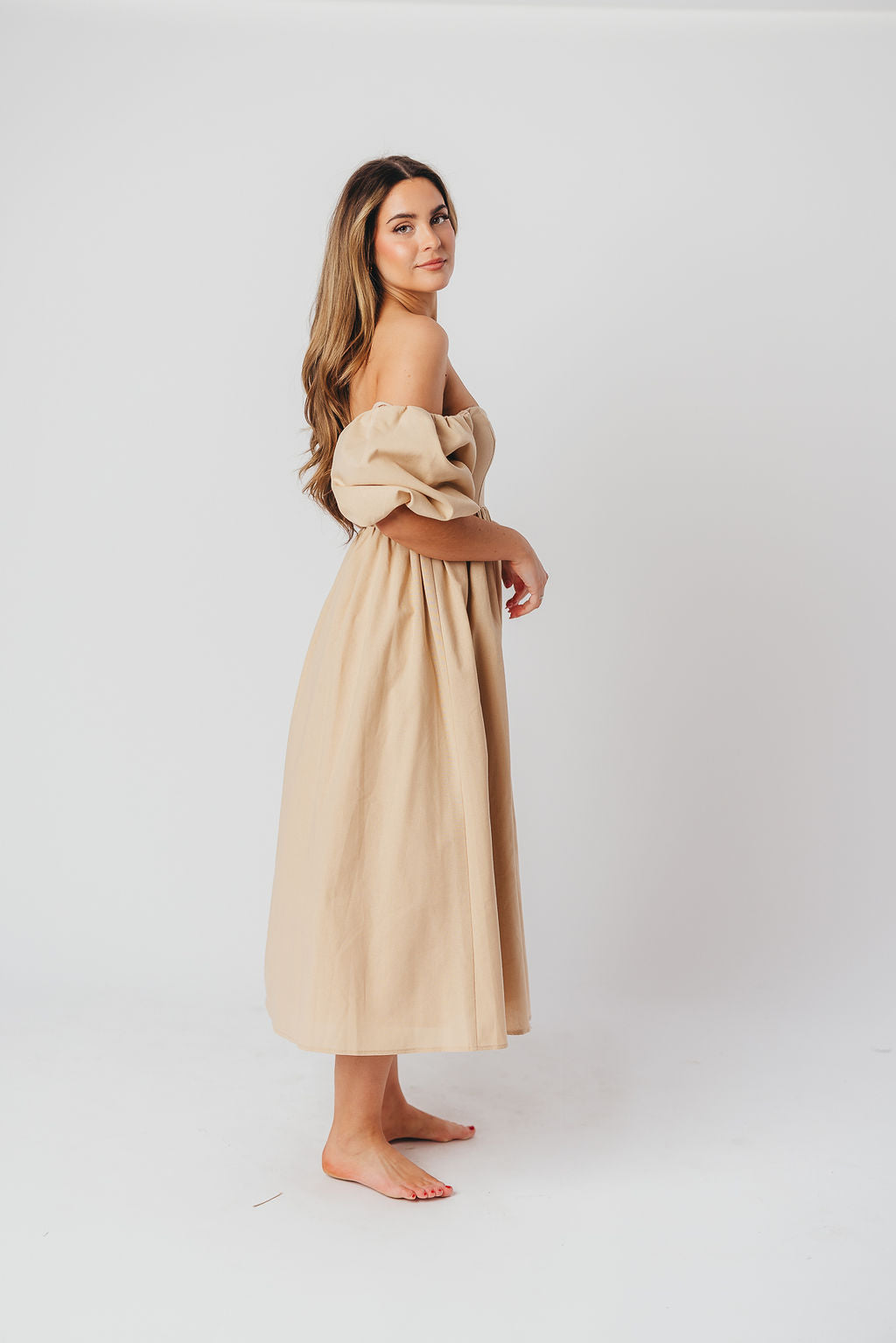 Hamilton Midi Dress in Taupe - Bump Friendly Maternity Dress (Sizes S-2XL) | Flowy Pregnancy Dress for Baby Showers, Date Nights & Office Wear