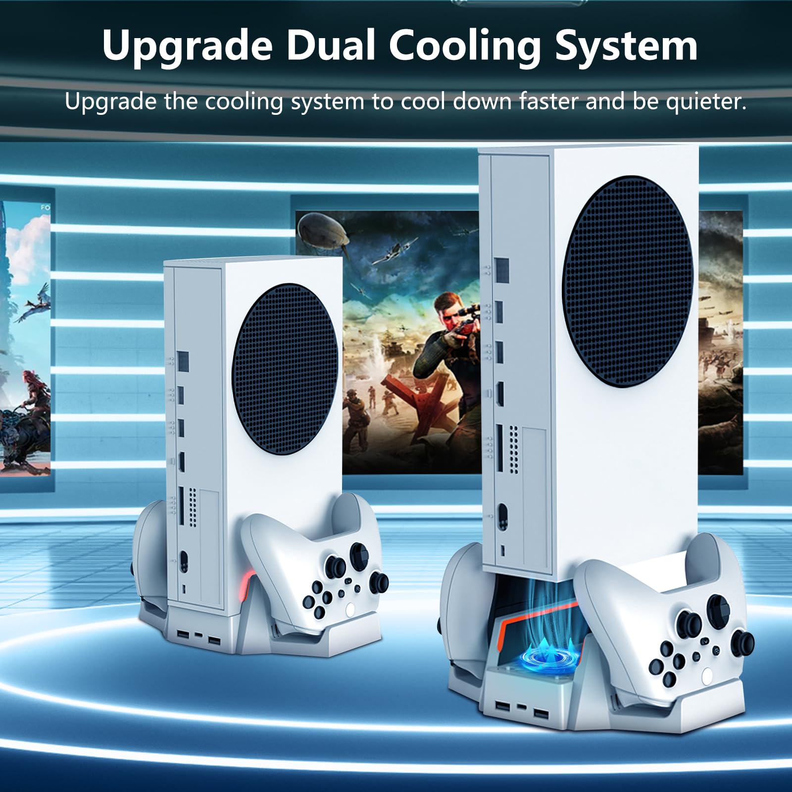CTPOWER Cooling Stand for Xbox Series S with Dual Cooling Fans, 3-Speed Adjustable, Dual Controller Charger & LED Indicator, USB Port - 2 x 800mAh Rechargeable Batteries - Perfect for Gaming Sessions & Preventing Overheating