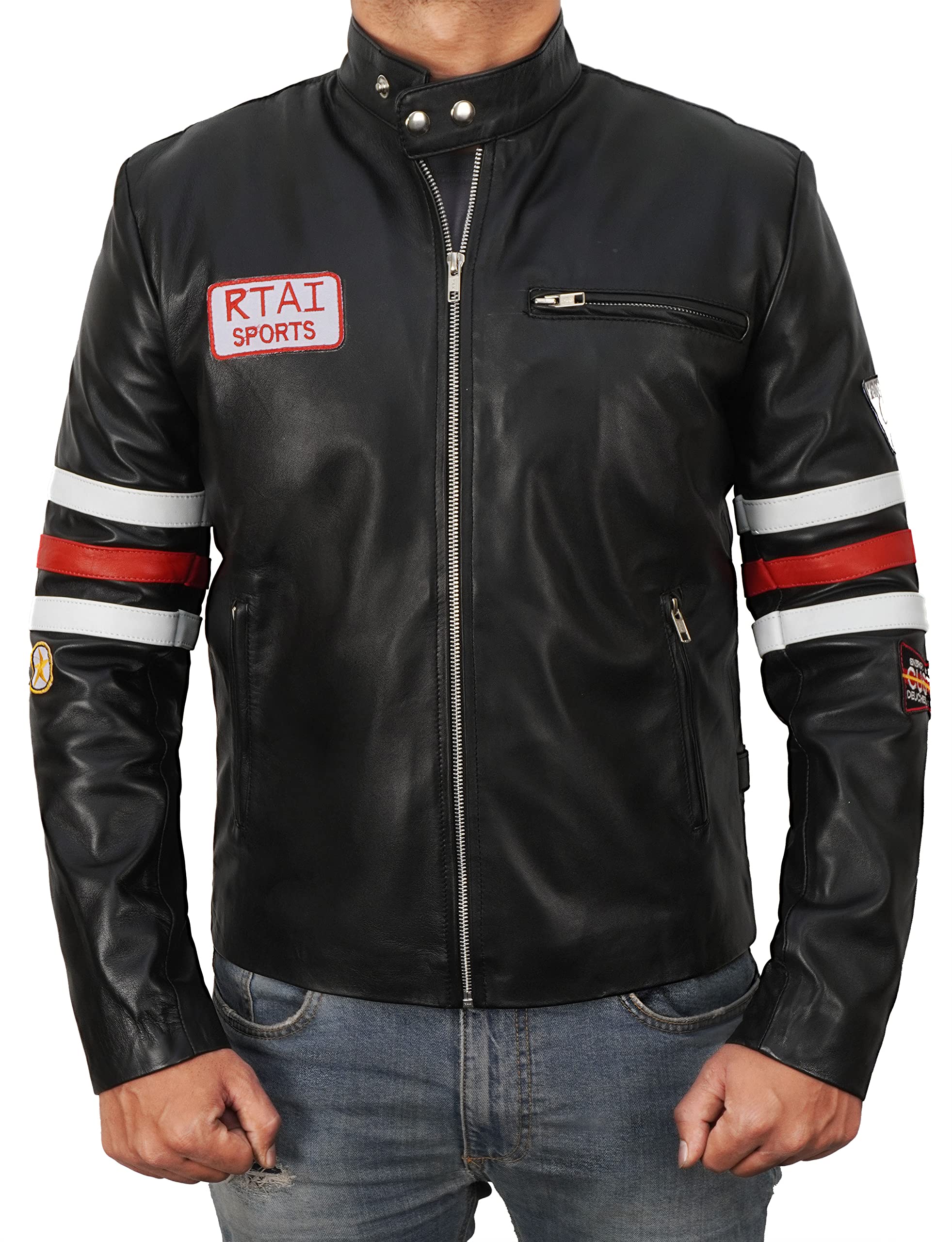 Men's Dr. Gregory House Black Leather Biker Jacket with Hugh Laurie RTAI Sports Patches - TV Show Inspired Motorcycle Jacket for Fans & Bikers - Perfect for Cosplay, Halloween & Riding