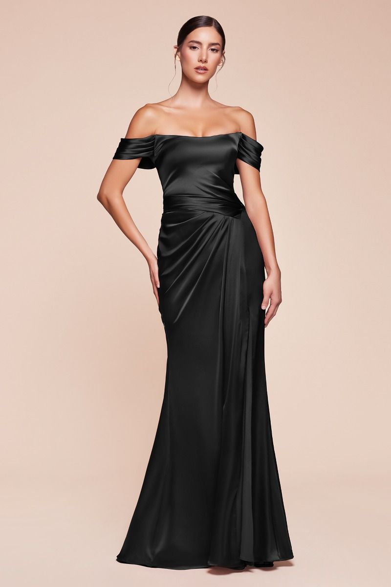Emerson Off Shoulder Lace Up Corset Black Satin Evening Gown - Elegant Formal Dress for Prom, Wedding & Special Occasions
