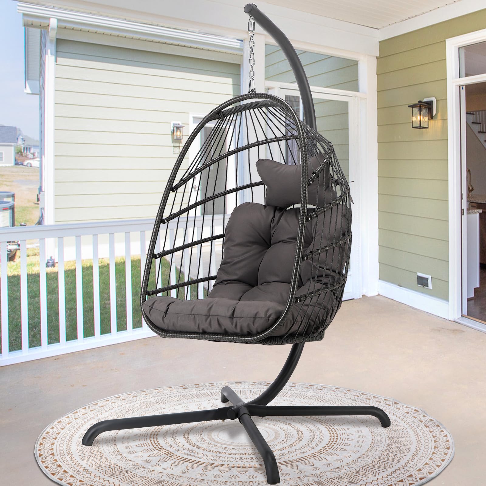 Outdoor Hanging Egg Chair with Stand - 350lbs Capacity PE Rattan Wicker Swing Chair with Water-Resistant Cushions, Foldable Basket Design for Patio, Garden, Bedroom & Indoor Use (Dark Grey) - Perfect for Relaxing, Reading & Lounging in Your Backyard or Living Space