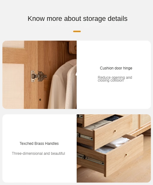 Solid Oak Wood Rattan Wardrobe - Stylish Storage for Bedroom, Living Room & Closet Organization