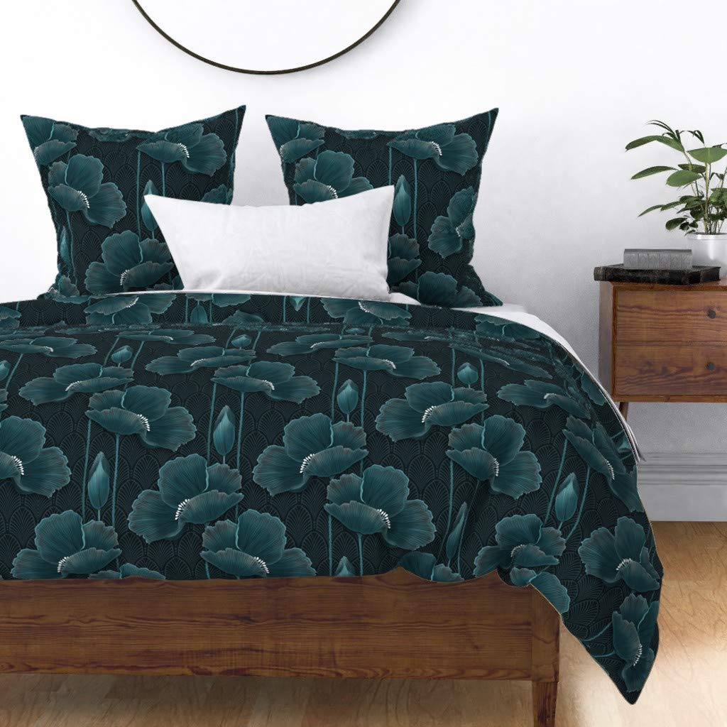 Art Deco Poppies Teal Floral Duvet Cover King/California King - Dark Romantic Poppy Field Print Cotton Sateen Custom Bedding for Luxurious Bedroom Decor