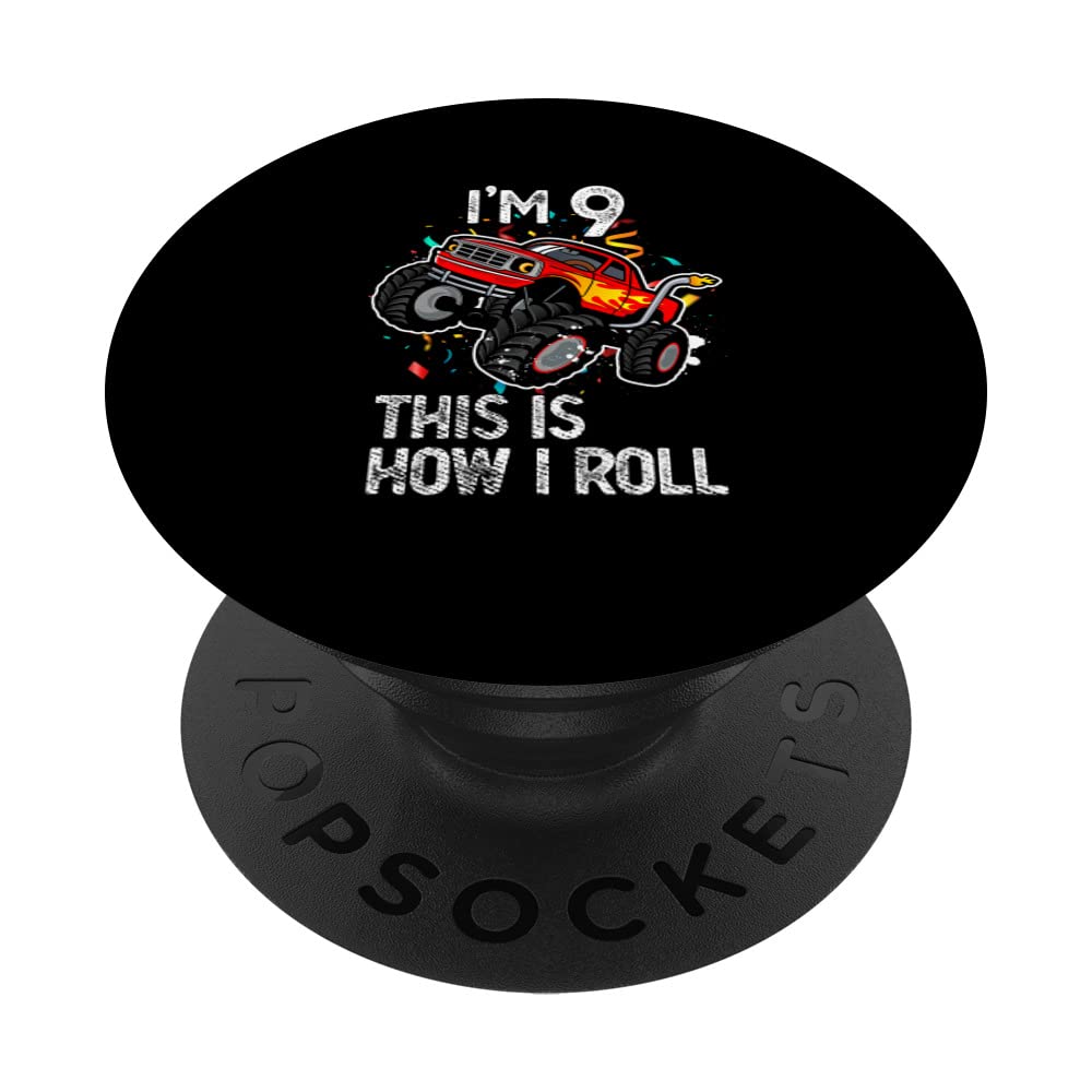 Monster Truck 9th Birthday Gift - I'm 9 This Is How I Roll PopSockets Swappable PopGrip for Phone (2012 Design) | Perfect for Kids Party Favors, Phone Accessories & Truck Lovers