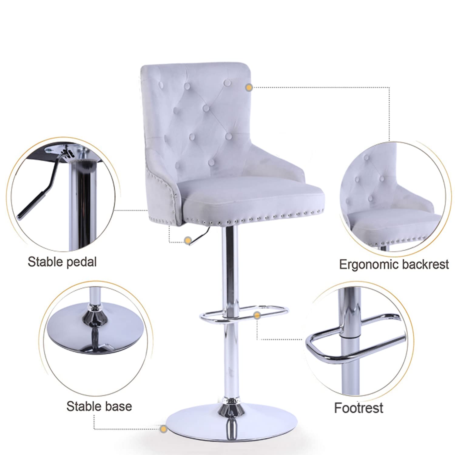 Premium Velvet Swivel Bar Stools Set of 2 - Adjustable Height Silver Grey Counter Stools with Back Support | Perfect for Kitchen Island, Breakfast Bar & Home Decor