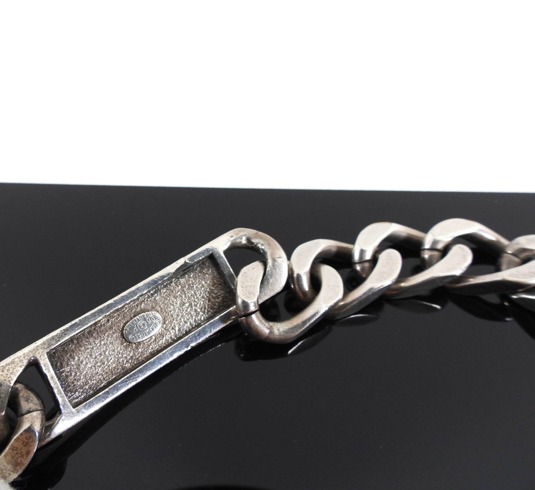 Vintage Chanel 96P Antiqued Silver Logo ID Bracelet - Authentic Luxury Jewelry for Women | Perfect for Parties, Weddings & Everyday Elegance