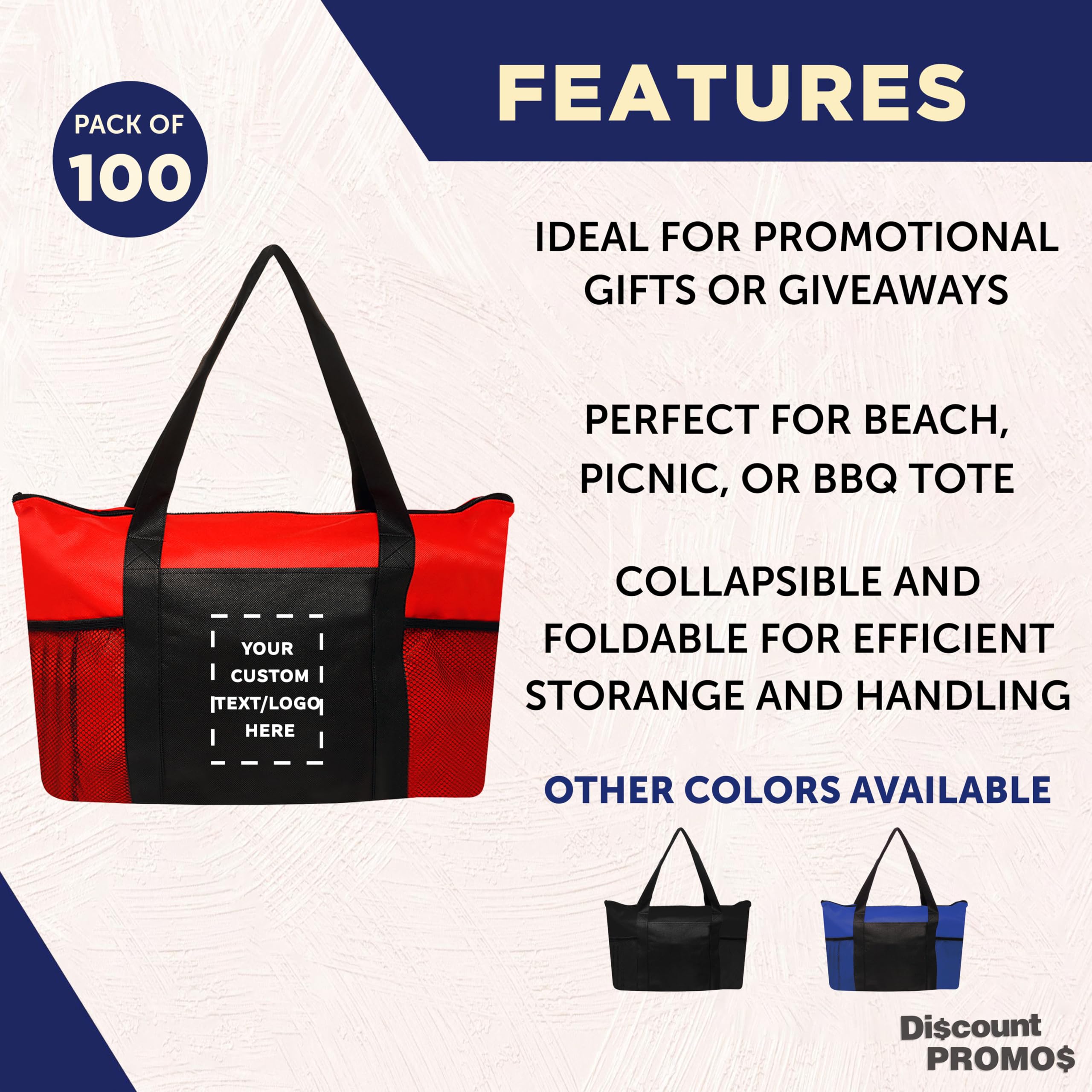 100 Pack Customizable Zippered Non-Woven Tote Bags with Mesh Pocket - Eco-Friendly Reusable Shopping Bags (19