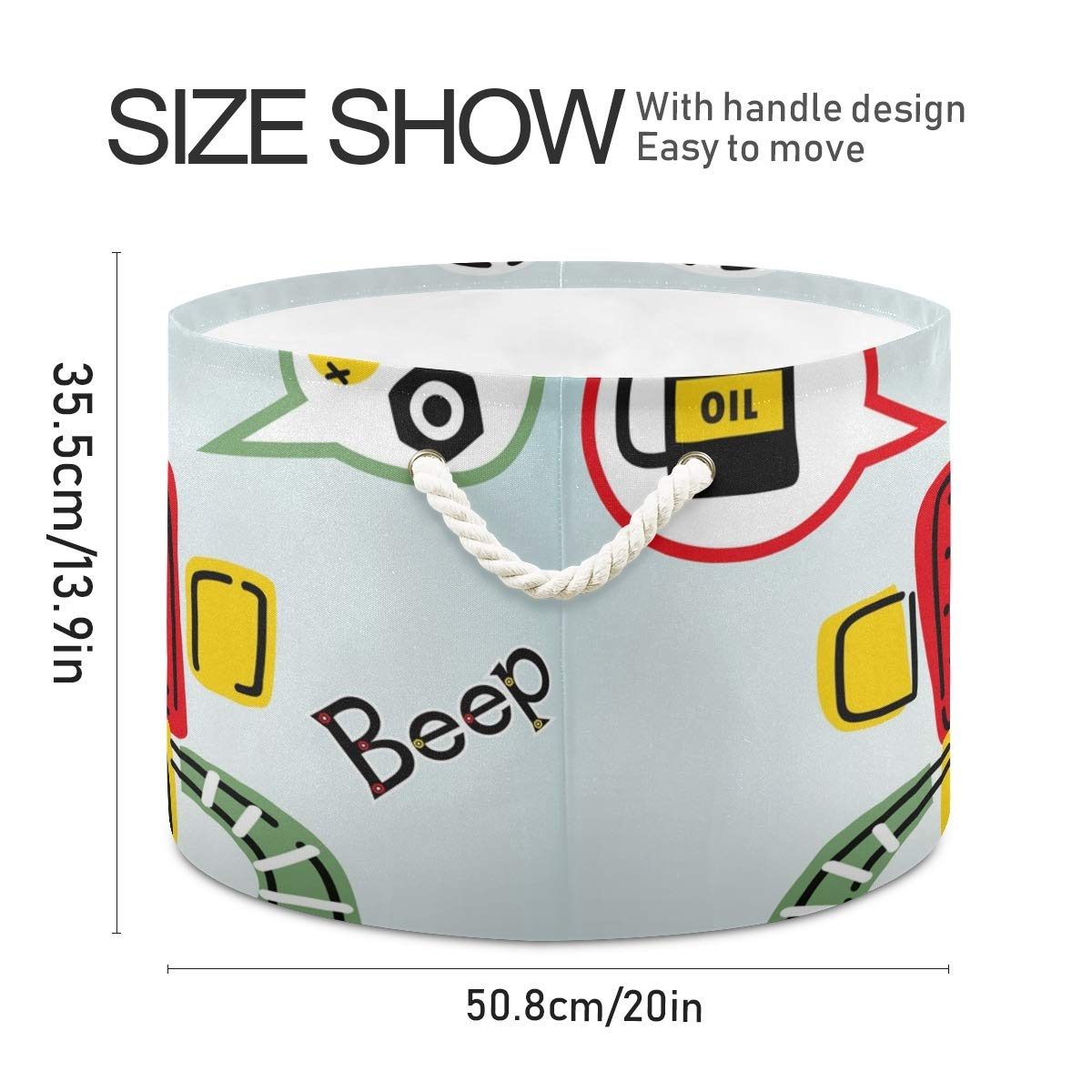 Collapsible Round Storage Basket - Fabric Toy Organizer & Laundry Hamper with Drawstrings for Kids - Funny Robot Cartoon Design - Perfect for Nursery, Playroom & Bedroom Organization