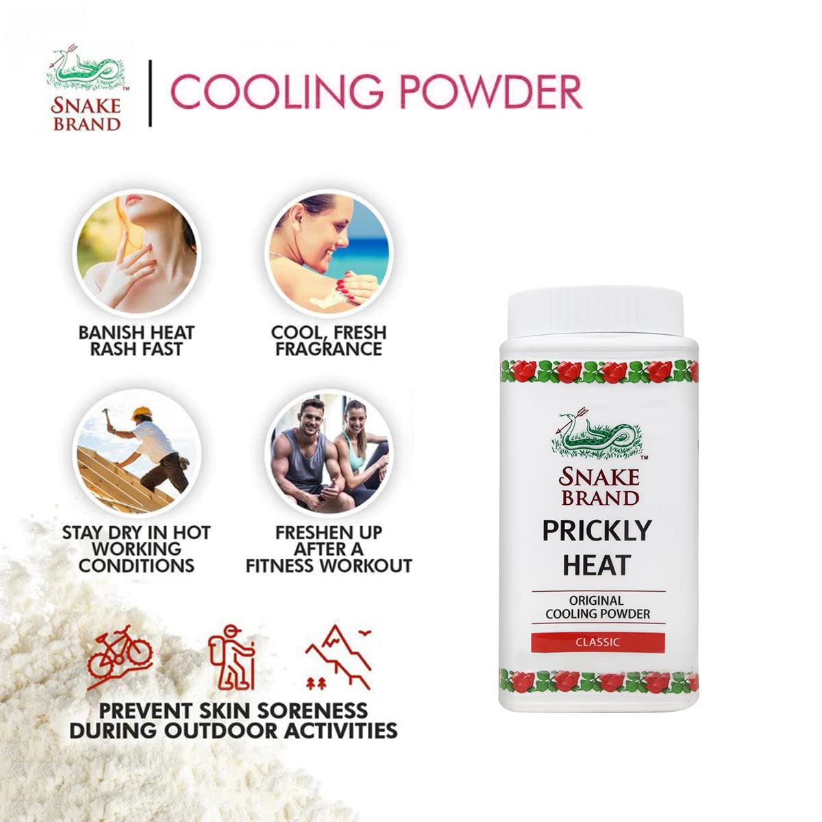 Snake Brand Prickly Heat Cooling Talcum Powder - 4 Pack (50g Each) for Heat Rash Relief & Skin Comfort | Ideal for Summer, Gym, Outdoor Activities & Baby Care