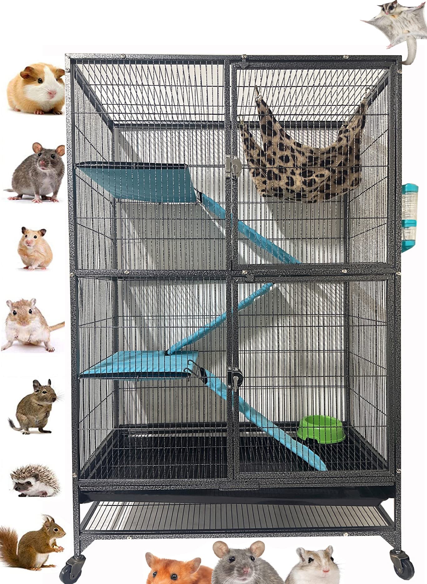 Extra Large 30.5x19x55 Inch 4-Level Ferret Cage with Double Front Doors - Chew-Proof Wrought Iron Design, 1/2-Inch Bar Spacing & Rolling Stand - Perfect for Ferrets, Chinchillas & Small Pets - Ideal for Playtime, Resting & Multi-Level Habitat