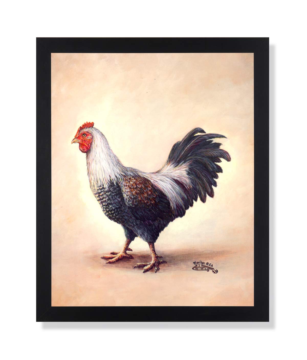 Exotic Country Farm Black and White Chicken Folk Animal Art Print - Framed Wall Decor for Farmhouse, Country Kitchen & Rustic Home Decor