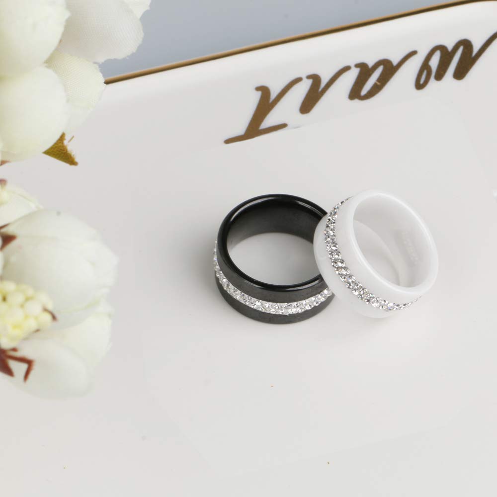 10MM Wide Two Row Crystal Women's Rings - Smooth Black & White Ceramic Wedding Bands, Fashion Jewelry for Brides, Engagement, Anniversary & Everyday Wear