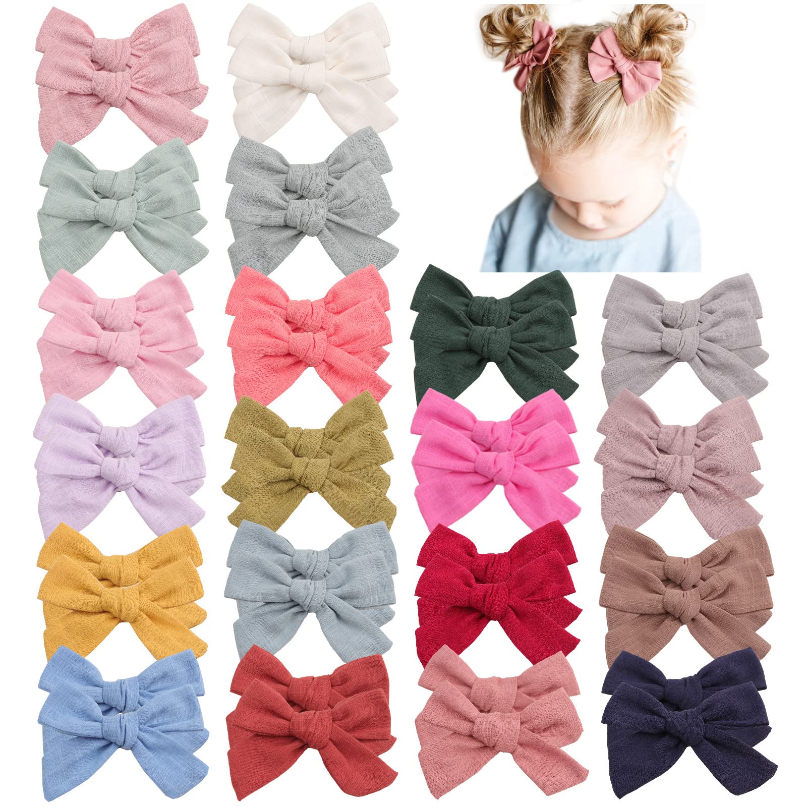 40Pcs 3.5 Inch Neutral Linen Hair Bows Clips for Baby Girls - Double Bun Ponytail Bow Hair Barrettes Accessories for Infants Toddlers & Kids (20 Pairs) - Perfect for Birthday Parties, Photo Shoots & Daily Outfits