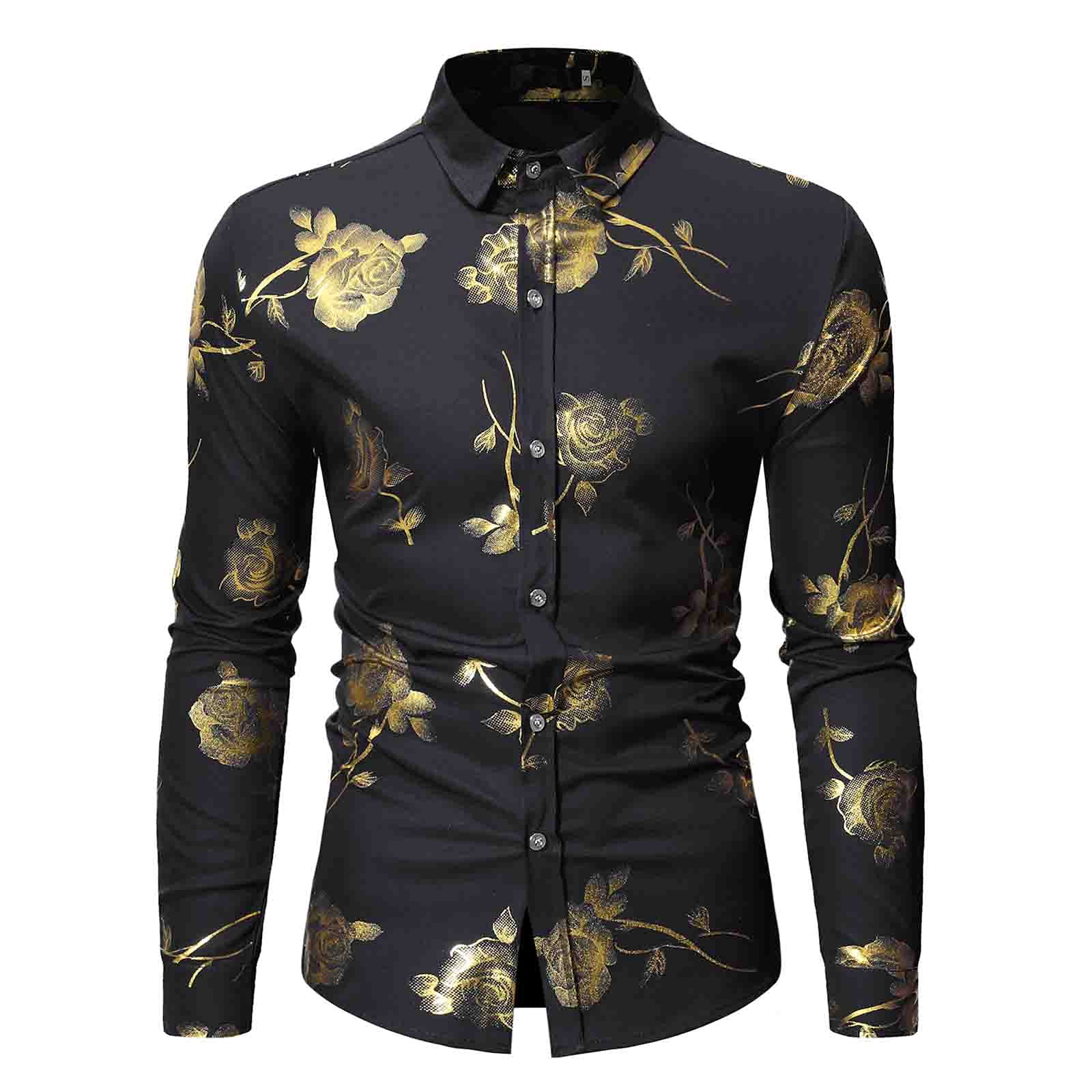 Men's Slim Fit Long Sleeve Dress Shirt - Shiny Gold Rose Print Button Down Shirt for Prom, Wedding & Party | Formal & Casual Office Wear