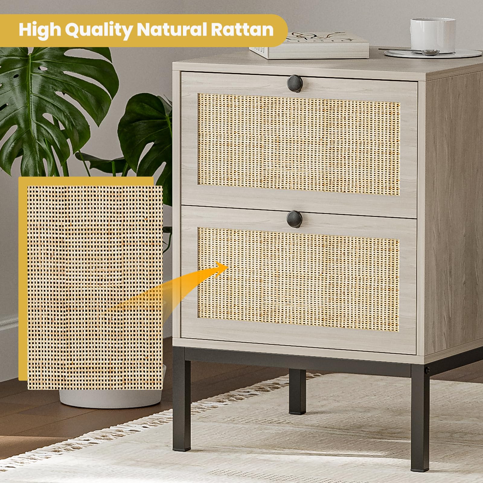 IKIFLY Rattan Nightstand Set of 2 - Handmade Natural Rattan Side Tables with 2 Drawers, Oak Grey Bedside End Tables with Storage for Bedroom, Living Room - Perfect for Small Spaces, Guest Rooms & Apartment Decor