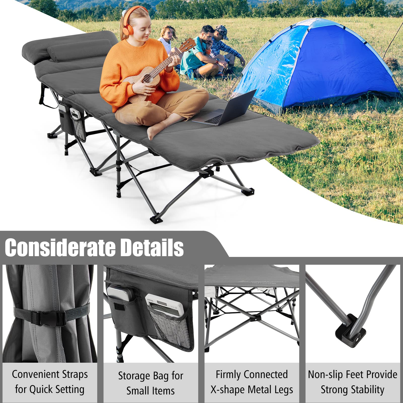 Goplus Heavy-Duty Folding Camping Cot with Mattress & Pillow - Portable Military Sleeping Cot for Adults & Kids, Includes Carry Bag & Storage Pocket - Perfect for Camping, Hiking, Home Office Nap & Outdoor Adventures (Grey)