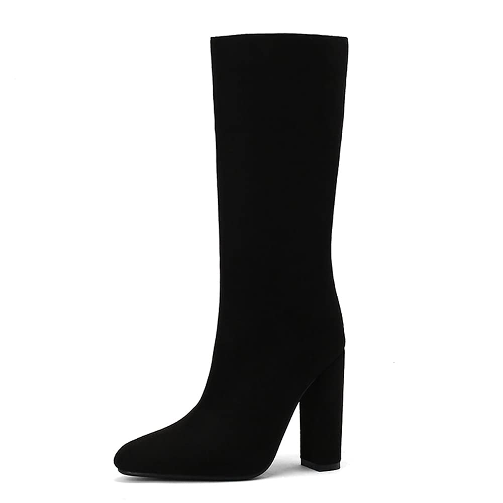 Roimaash Women's Fashion Mid-Calf Block Heel Boots - Pull On Winter Ankle Boots for Casual Outfits & Office Wear