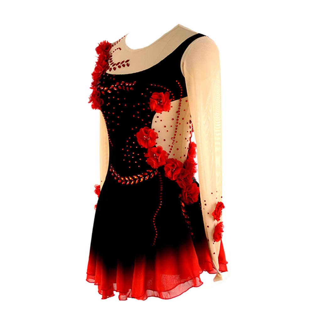 LIUHUO Black Ice Figure Skating Dress for Girls & Women - Long Sleeve Beaded Roller Skating Costume with Red Flower Design | Perfect for Competitions, Performances & Practice