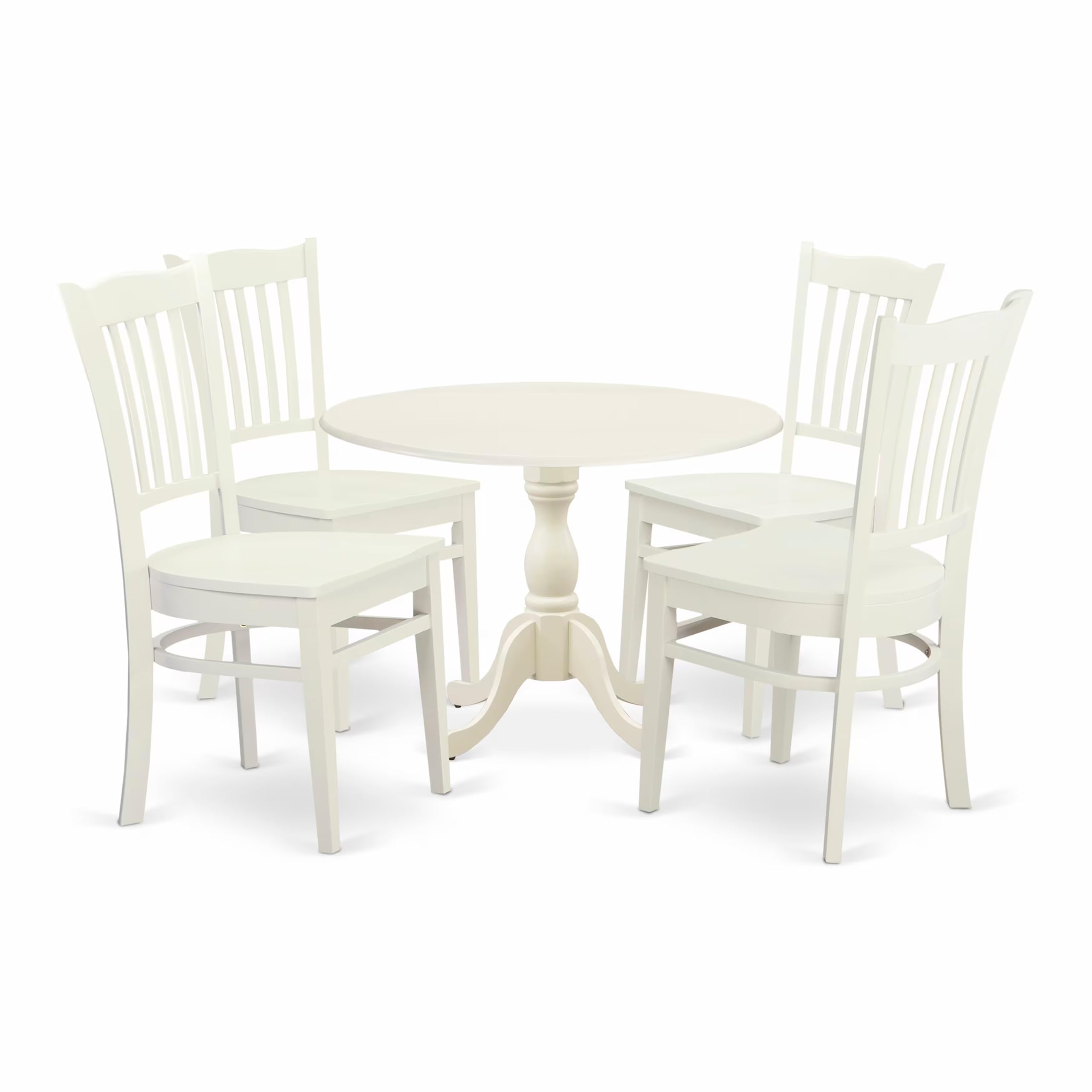East West Furniture DMGR5-LWH-W 5-Piece White Linen Dining Set with 42x42 Inch Round Drop-Leaf Table & 4 Chairs | Perfect for Small Kitchens, Breakfast Nooks & Cozy Apartments