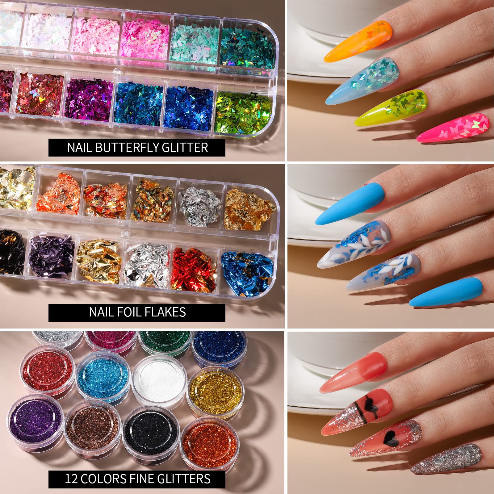 FANDAMEI Professional Nail Art Kit - 48 Pieces Nail Design Tools Set with Brushes, Dotting Pens, Glitter Powder, Sequins, Foil Flakes & Rhinestones | Perfect for DIY Manicure, Home Salon, Party Nail Designs & Gift for Nail Lovers