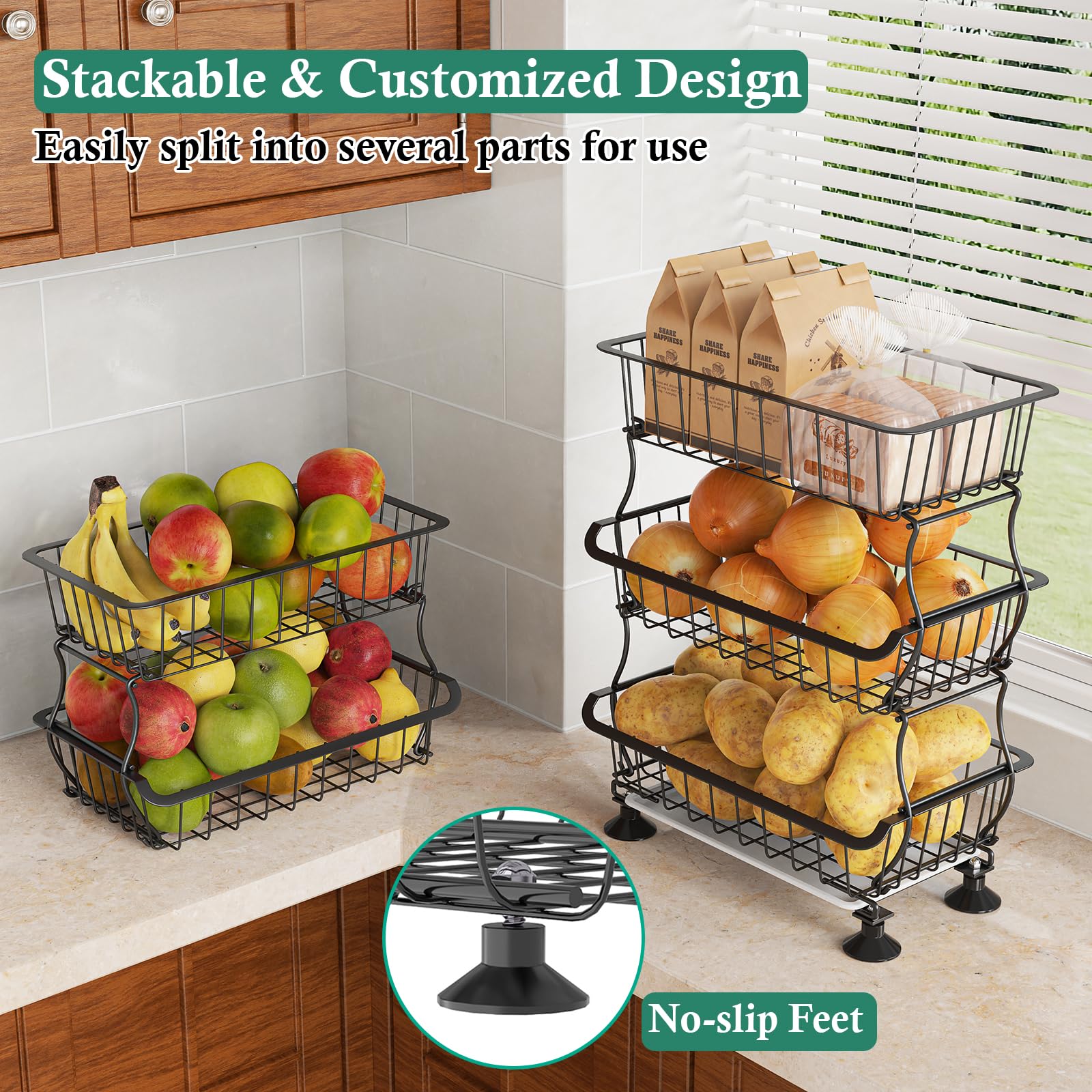 3-Tier Rolling Pantry Cart with Wheels - Stackable Wire Storage Organizer for Kitchen, Pantry Shelves, Fruits, Snacks, Onions & Potatoes - Perfect for Small Spaces, Home Organization & Easy Access to Essentials