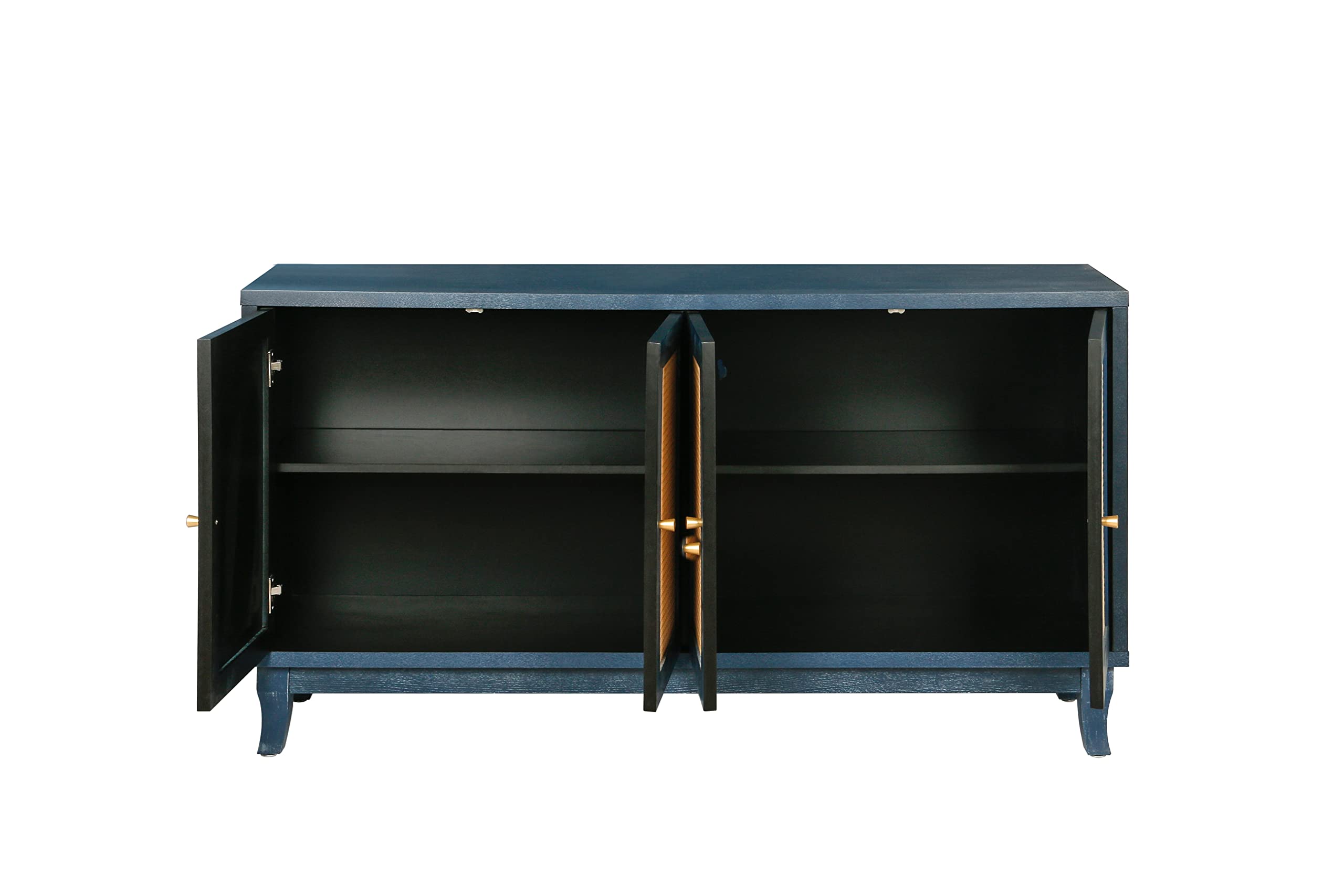 Modern Rattan Sideboard Buffet Cabinet with 4 Woven Doors - Adjustable Shelves Storage Console Table for Living Room, Dining Room & Hallway - Antique Blue Accent Furniture for Farmhouse & Coastal Decor
