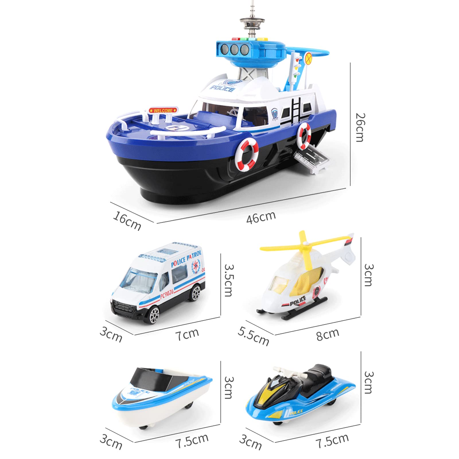 Blue Police Car & Mini Helicopter Toy Set with Sound & Light - Airplane & Boat Toys for Kids Ages 4-6 | Perfect for Bath Time Play, Outdoor Adventures & Imaginative Role-Playing
