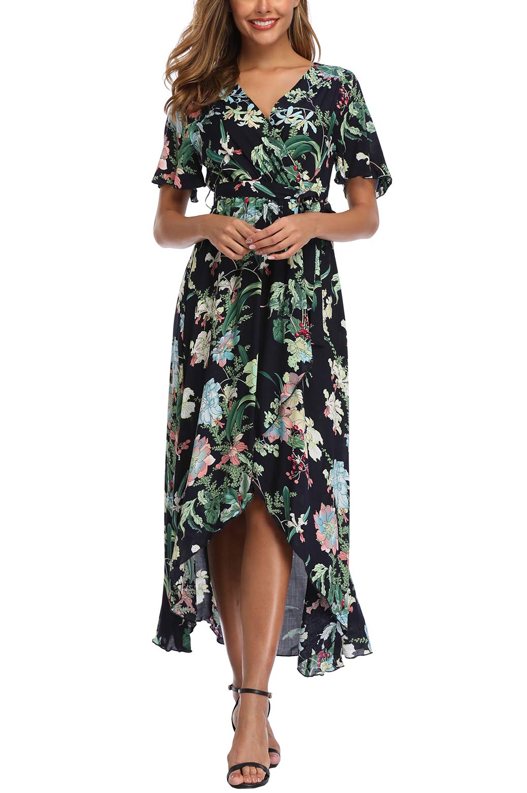 Boho Floral Maxi Dress for Women - Short Sleeve Wrap Summer Beach Dress with Side Slit | Perfect for Beach Vacations, Pool Parties & Tropical Getaways