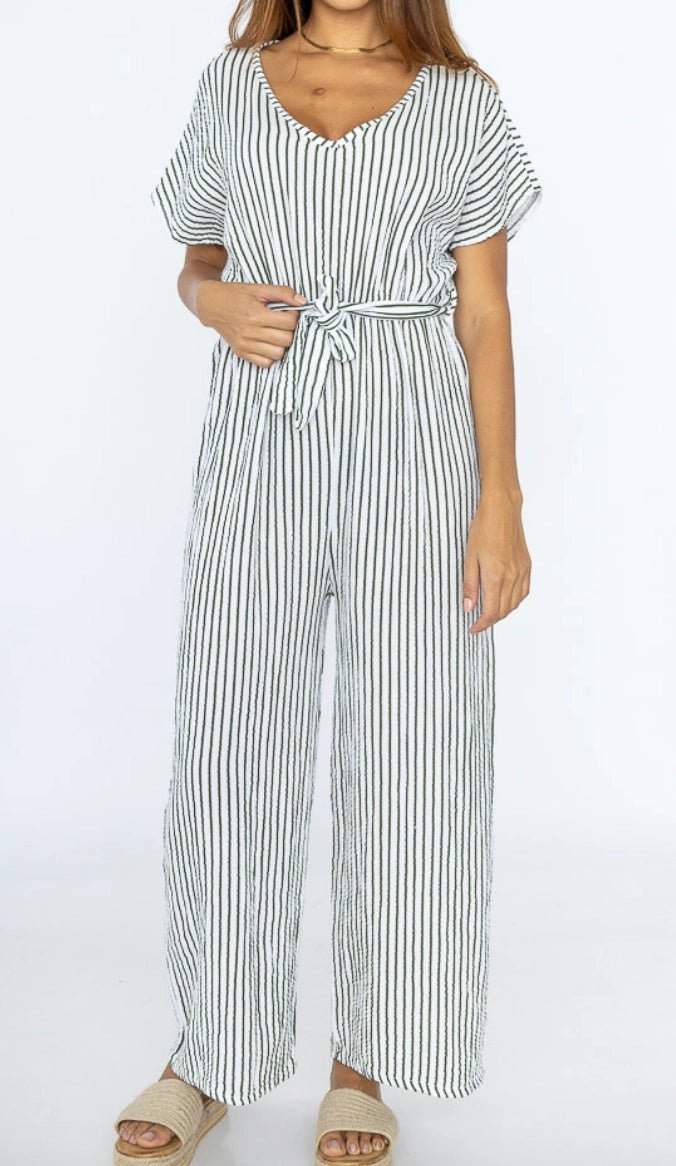 Justine Green Striped Jumpsuit for Women - Stylish & Comfortable One-Piece Outfit for Casual Wear, Office, or Date Night