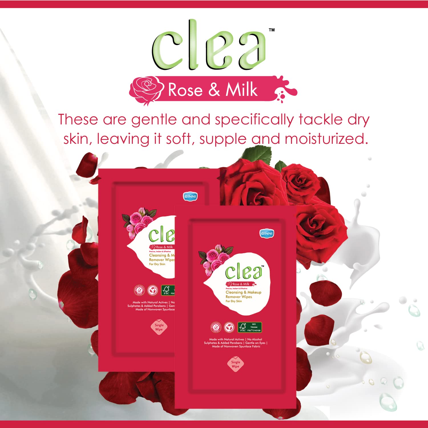 **Clea Rose & Milk Cleansing Makeup Remover Wipes for Dry Skin - Hydrating, Soothing, Nourishing Facial Wipes - Pack of 5 (50 Wipes Total) - Perfect for Travel, Gym & Daily Skincare Routine**