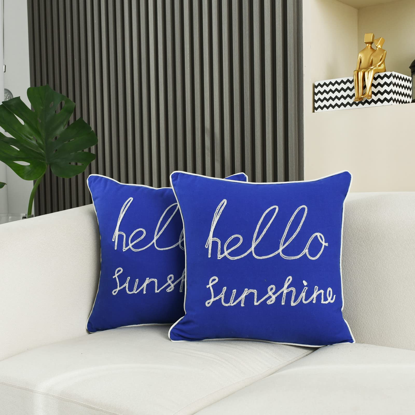 YIcabinet Set of 2 Soft Solid Decorative Square Throw Pillow Covers 18x18 Inch - Outdoor Patio, Sofa & Bedroom Decor - Sapphire Blue Hello Sunshine Design for Home, Car & Garden Use