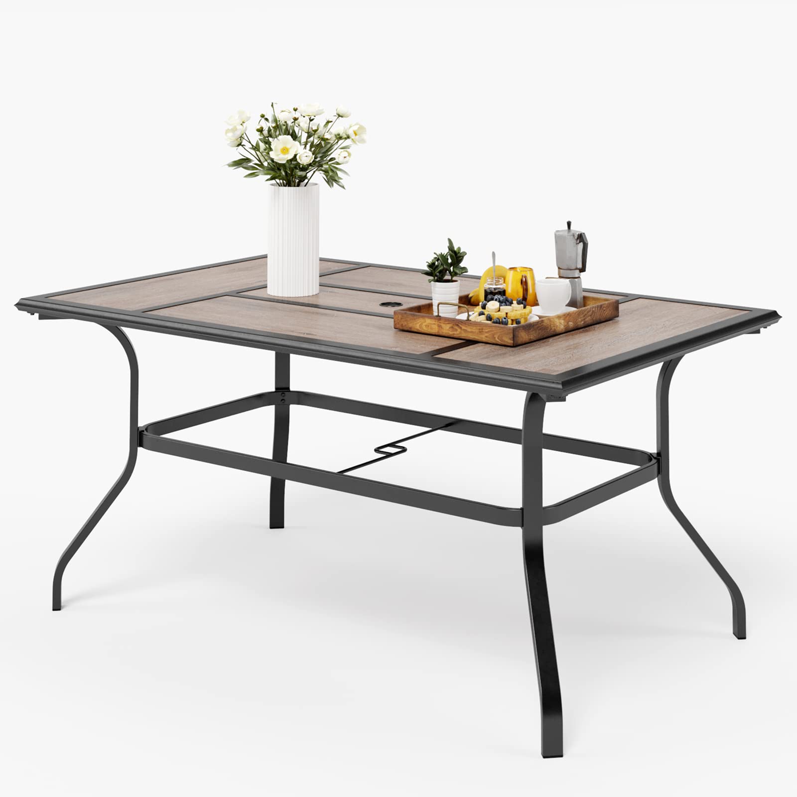 MFSTUDIO 60 Inch Outdoor Patio Dining Table - Large Rectangular Wood-Like Design with Metal Frame & Umbrella Hole - Black Backyard Garden Furniture for Dining, Entertaining & Relaxing