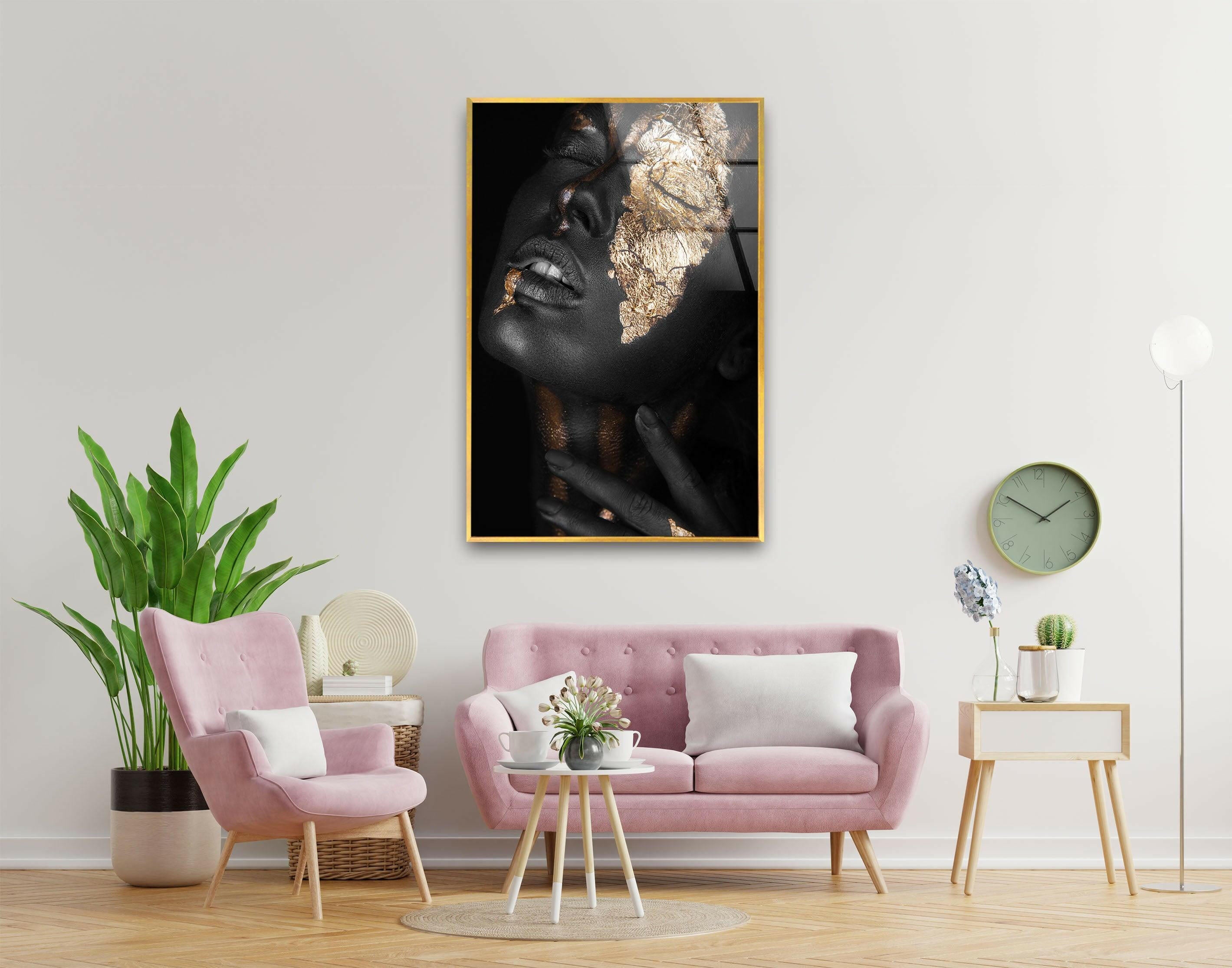 Elegant Black Woman Gold Glass Wall Art - Modern Home Decor for Living Room, Bedroom & Office