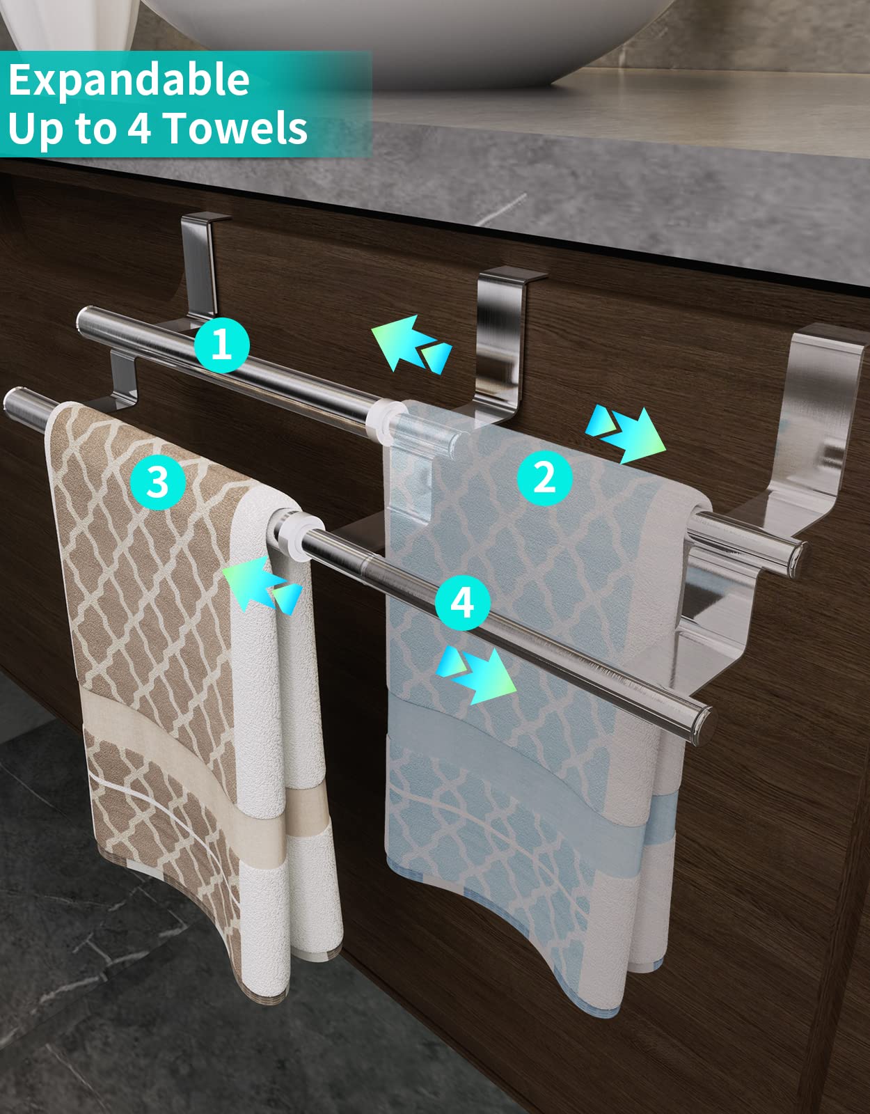 HapiRm Expandable Double Over The Cabinet Towel Holder - Stainless Steel Kitchen Towel Hanger for Inside/Outside Cupboard Doors (0.8in Fit, Silver) - Perfect for Organizing Kitchen Towels & Oven Mitts