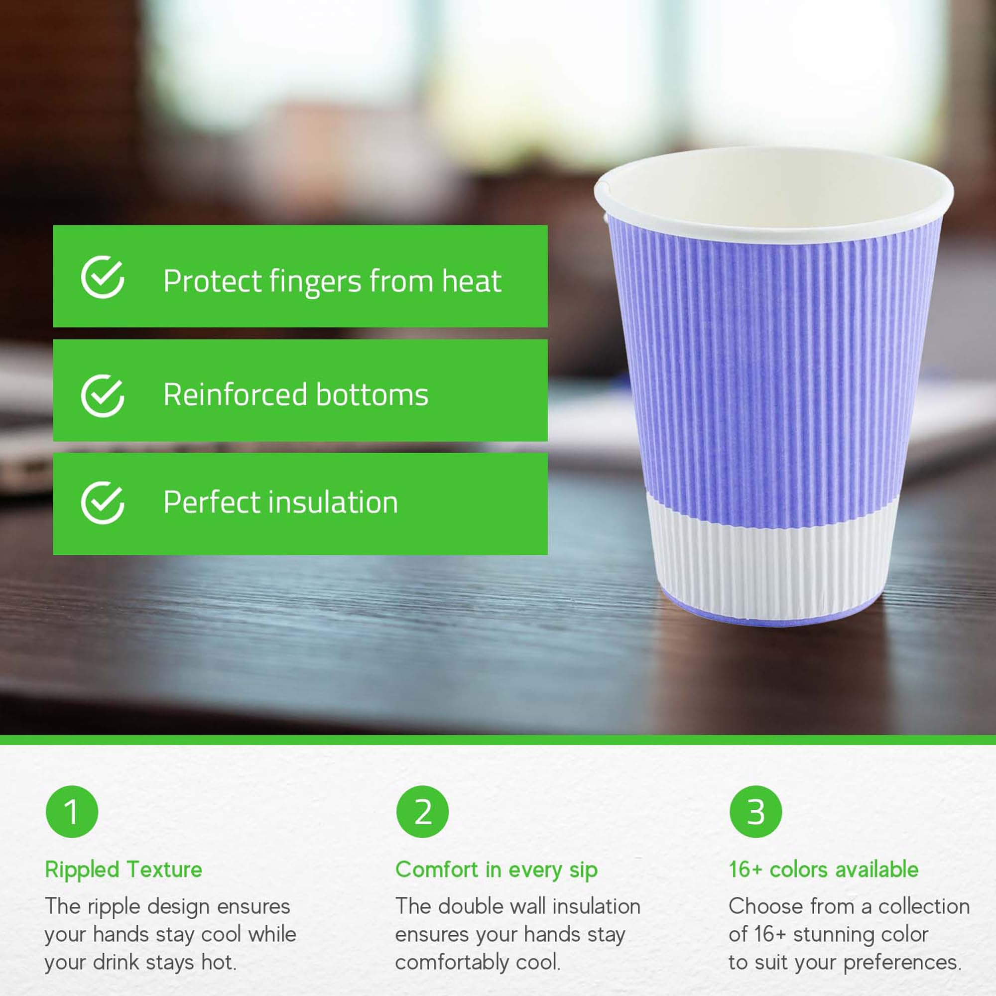 12oz Disposable Coffee Cups (500 Pack) - Insulated Ripple Wall Hot Cups for Coffee, Tea & More | Rolled Rim, Light Purple | Lids Sold Separately | Perfect for Cafes, Offices & Events