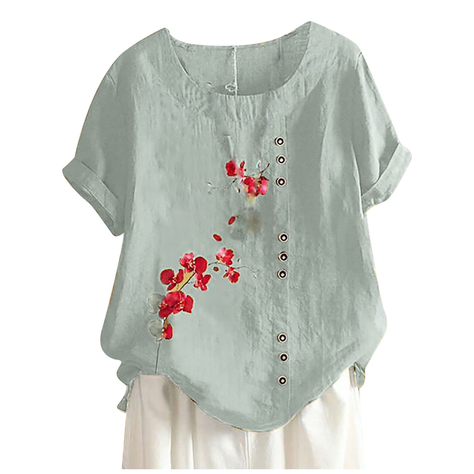 FQZWONG Women's Casual Short Sleeve Boho Blouse - Loose Fit Crew Neck Button Down T-Shirt for Summer 2023 | Perfect for Beach Outings, Music Festivals & Casual Date Nights