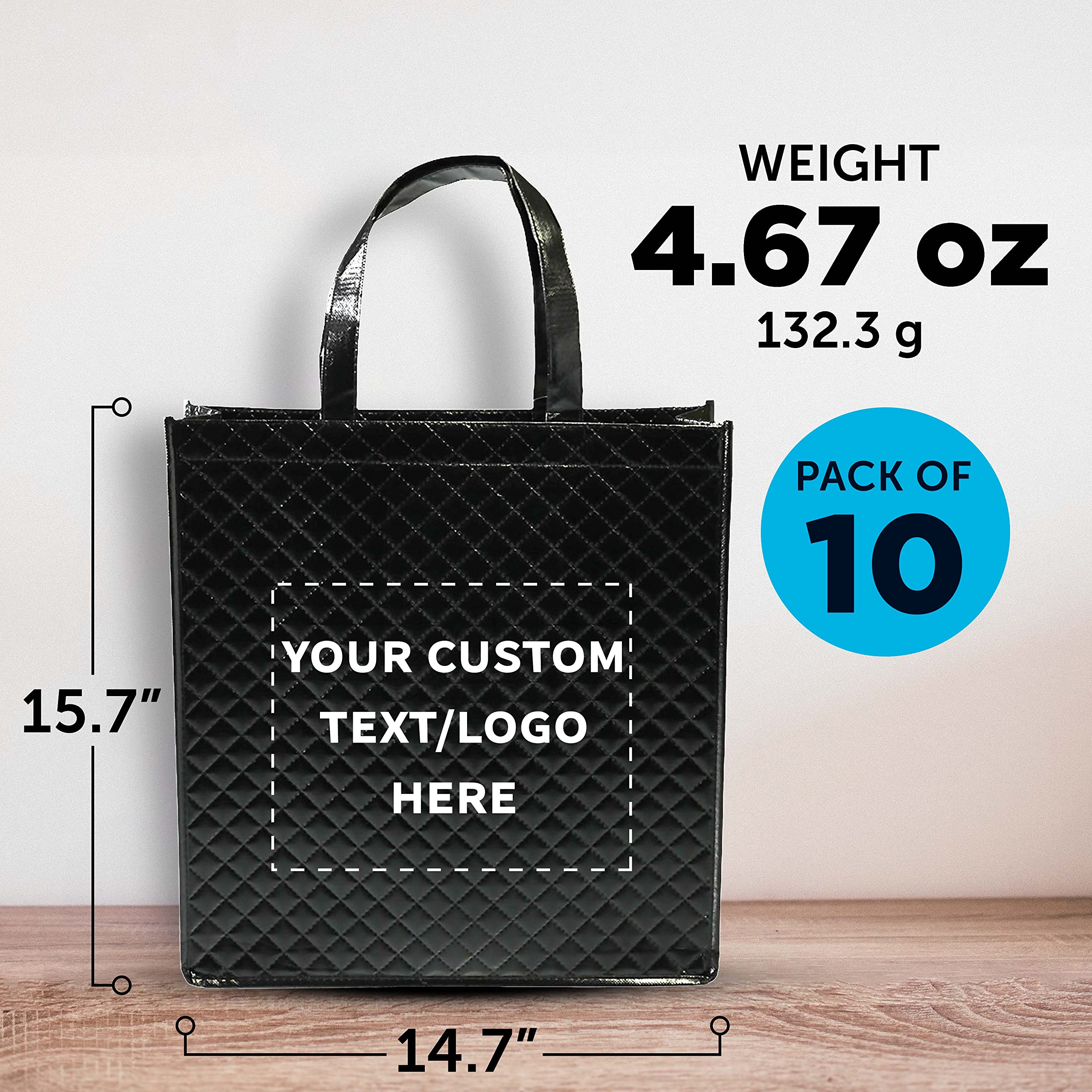 Custom Printed Laminated Tote Bags - Set of 10 Personalized Bulk Totes - Eco-Friendly Reusable Shopping Bags for Groceries, Beach Trips, Promotions & Events - Black