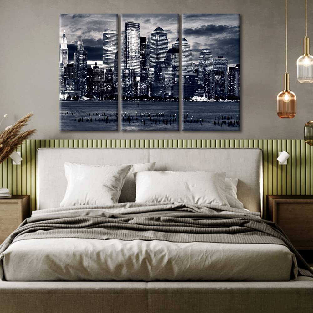 TUMOVO Manhattan Panorama Canvas Print - 36x24 Inch Black & White Skyscraper Wall Art, Modern Bedroom Decor, Above Bed Wall Hanging, Urban Cityscape Poster for Living Room & Office