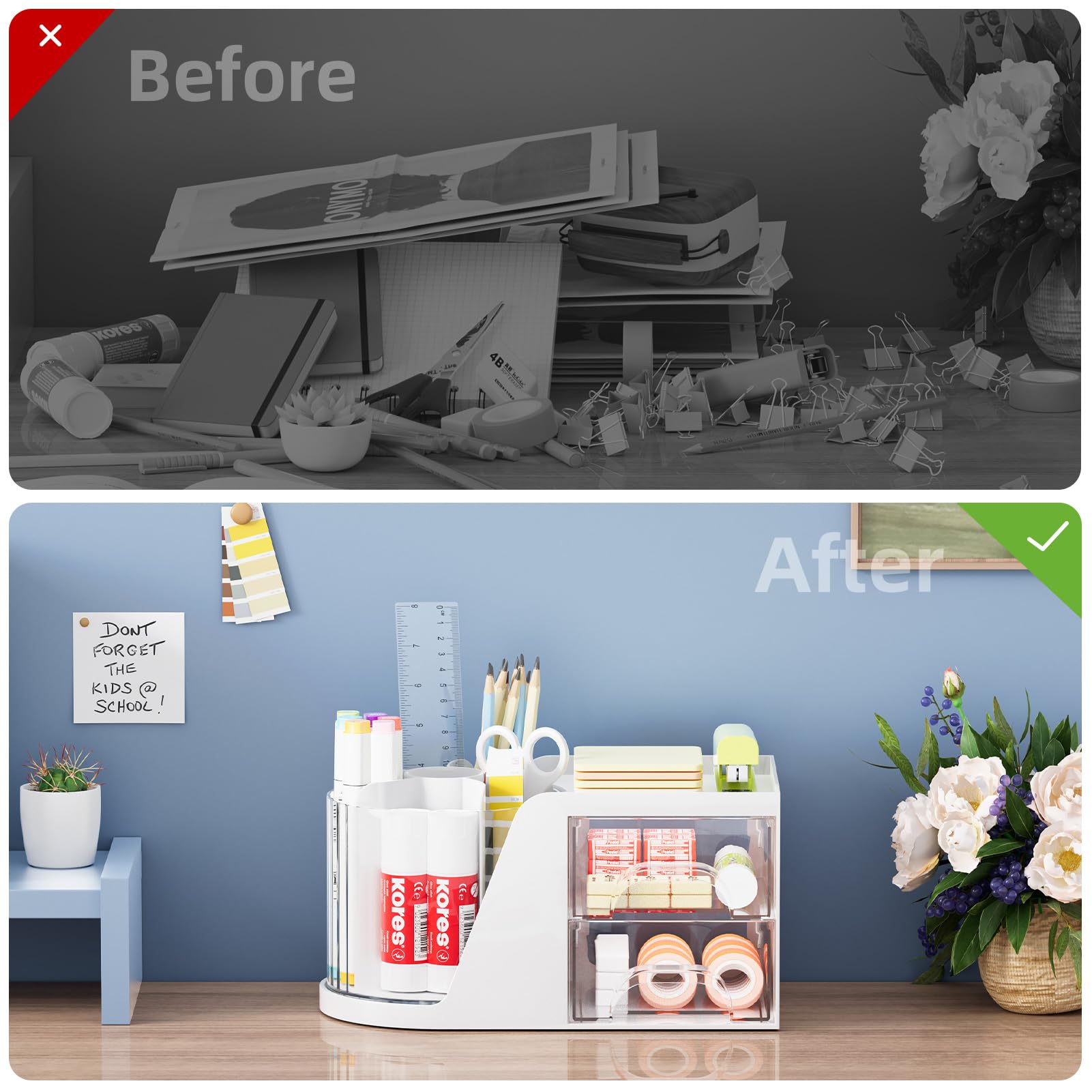 360° Rotating Desk Organizer with 6 Pen Slots & 2 Drawers - White Office Storage Caddy for Pens, Art Supplies & Stationery | Perfect for Home Office, School & Workspace Organization
