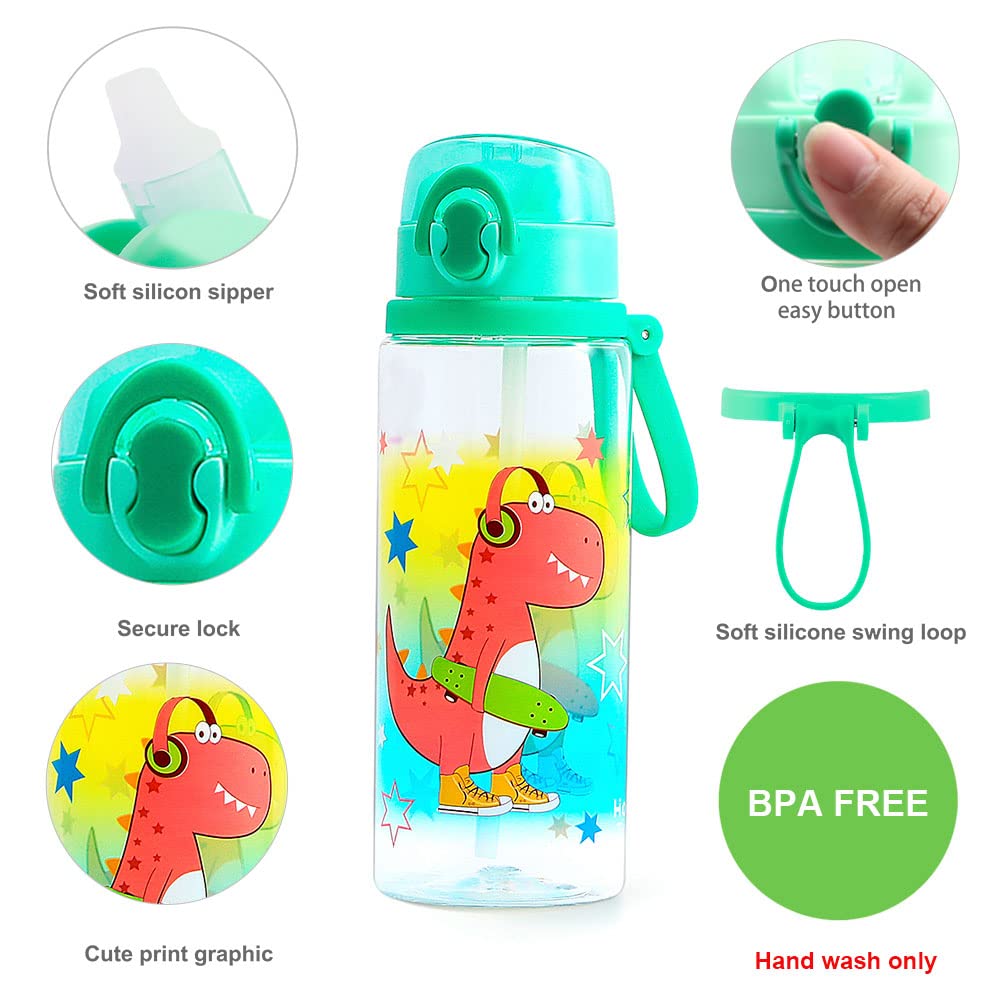 Dinosaur Water Bottle for Kids - 24oz (700ml) BPA Free, Leak Proof & Easy Clean Reusable Bottle for School, Travel & Outdoor Activities | Cute Home Tune Design for Boys & Girls
