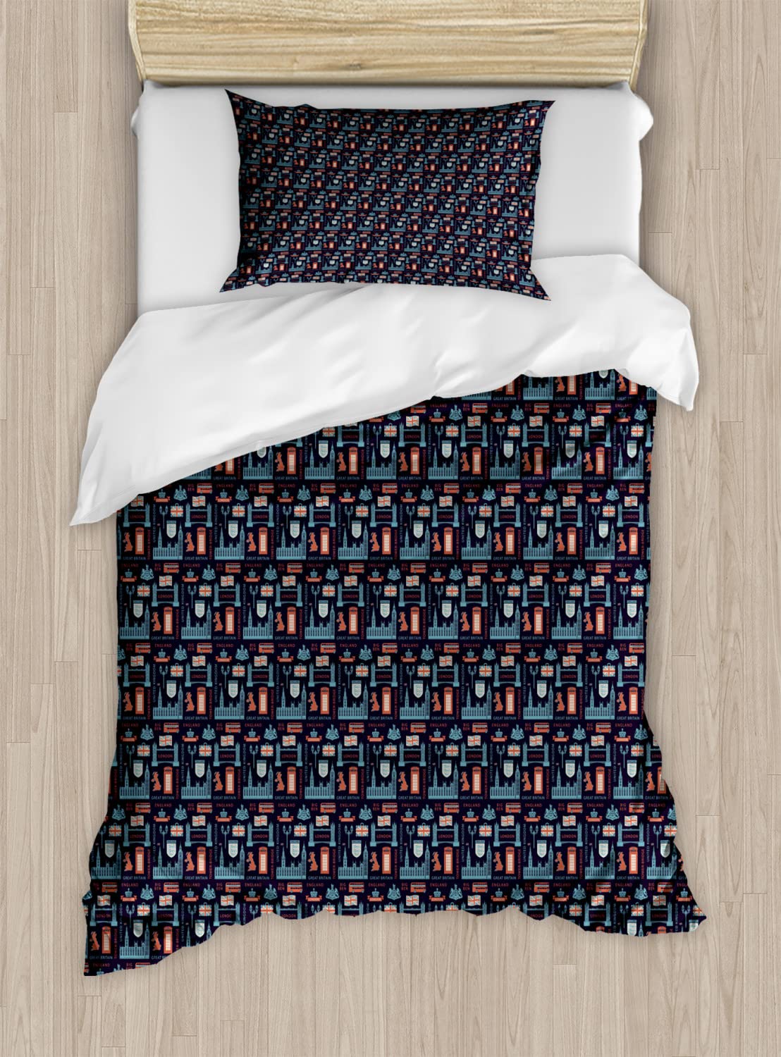Ambesonne British Themed Phone Booth Duvet Cover Set - 2 Pack Twin Size with 2 Duvet Covers & 2 Pillowcases, Multicolor Symbolic Pattern - Perfect for UK-Themed Bedrooms, Teen Rooms & Gift Ideas