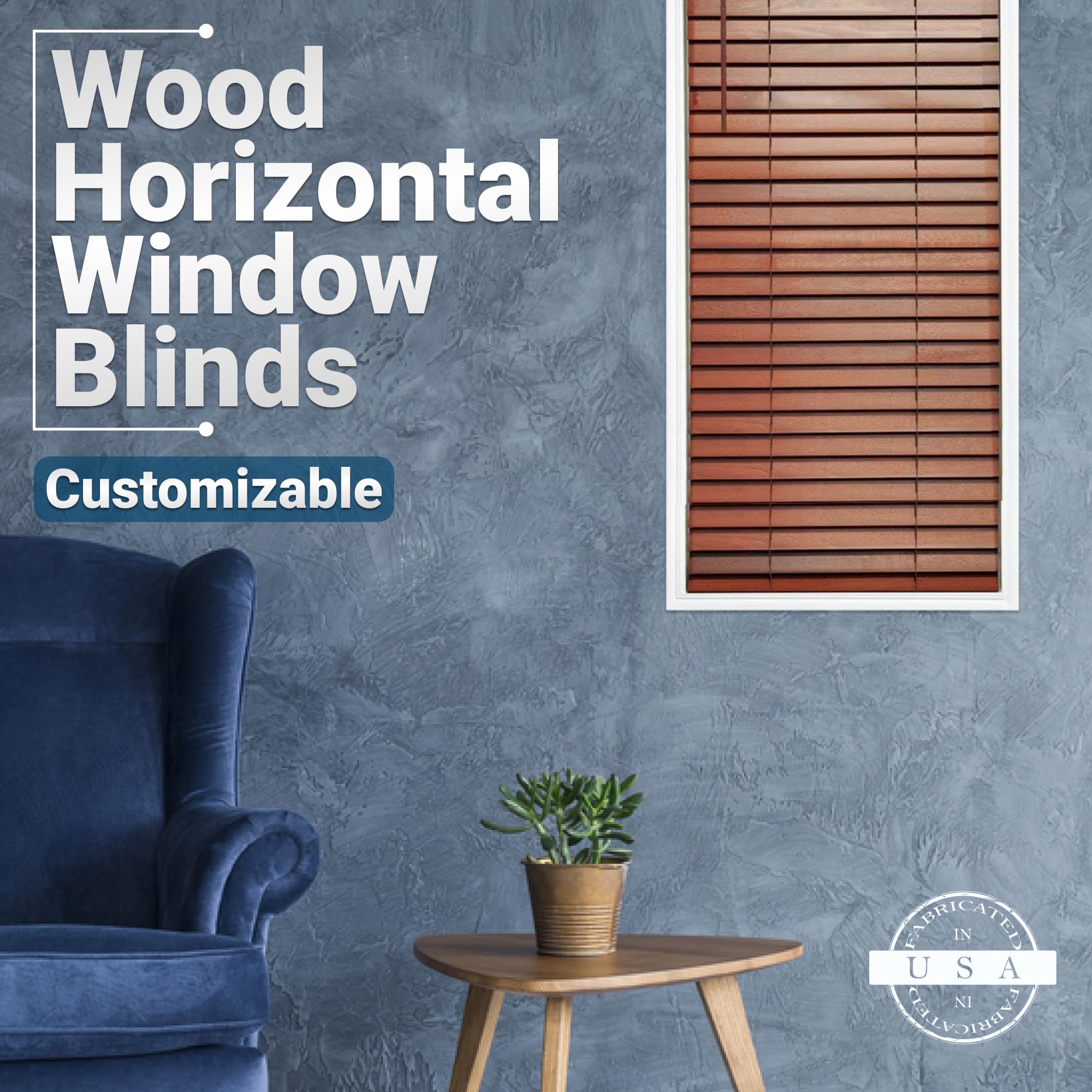 Customizable Wood Horizontal Cordless Window Blinds - 2 Inch Slats - Rosewood Finish - Inside or Outside Mount - Perfect for Living Room, Bedroom & Home Office