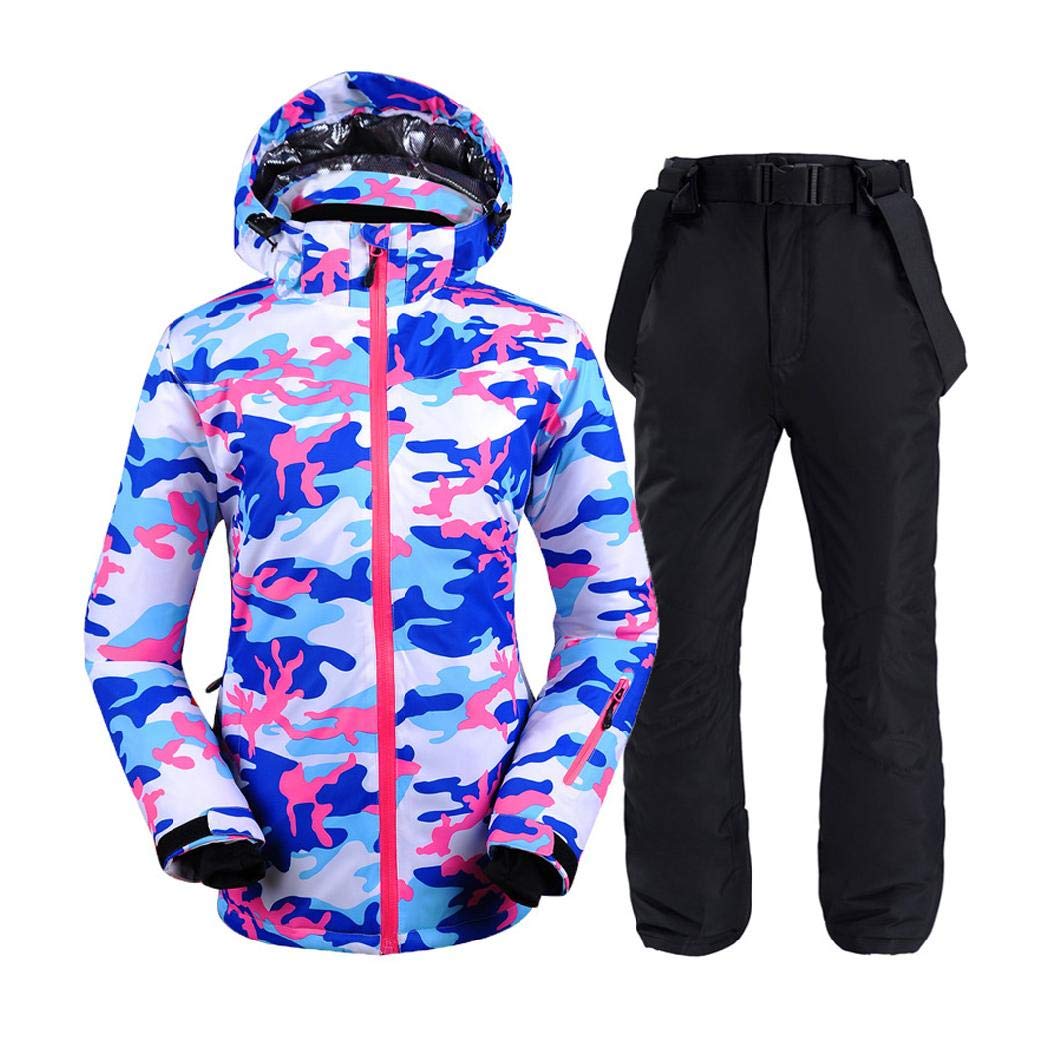 Women's Waterproof Ski Jacket & Bib Pants Set - Printed Snowboard Hooded Winter Jacket for Skiing, Snowboarding & Outdoor Activities