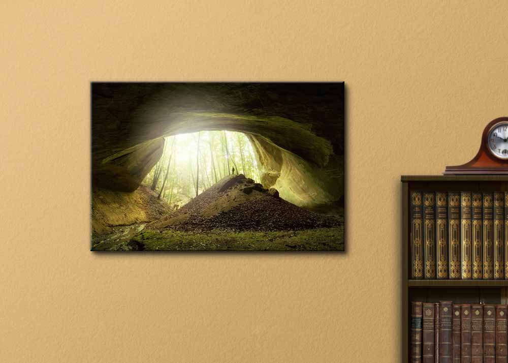 Big Cave with Explorer Standing at Entrance - Stretched Canvas Wall Art Print 32x48 Inches | Modern Home Decor, Giclee Printing, Ready to Hang | Perfect for Living Room, Bedroom & Office Decor