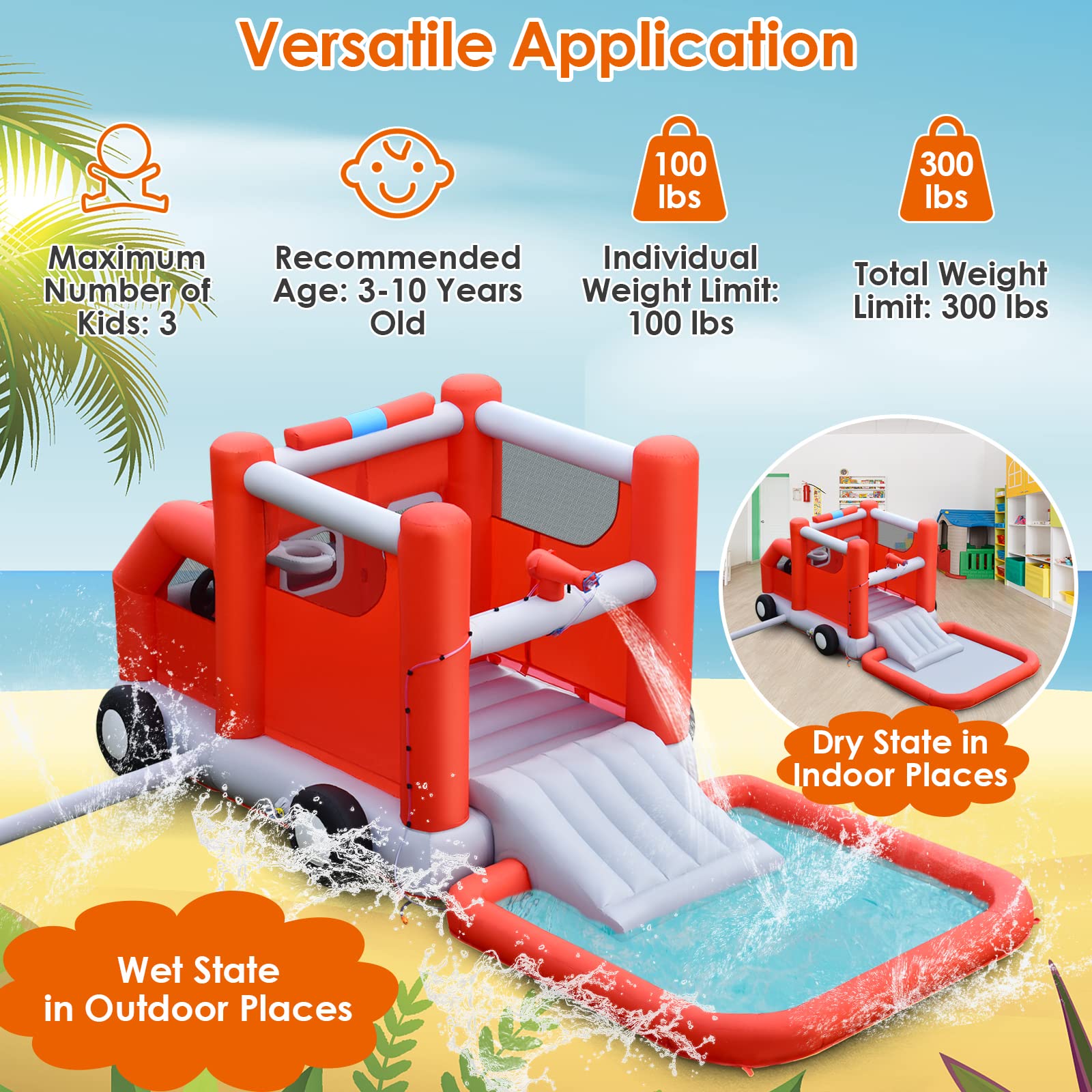 **HONEY JOY Inflatable Water Slide - Fire Truck Toddler Bouncy Water Park with Giant Splash Pool | Outdoor Water Bounce House for Kids & Adults | Backyard Summer Party & Birthday Fun (Includes 480W Blower)**
